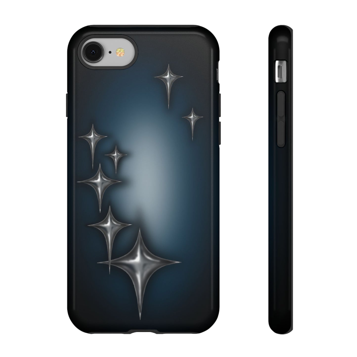 Star girl iPhone 8, teal, black phone case with chrome stars design making a gothic, emo, edgy, unique phone case front view