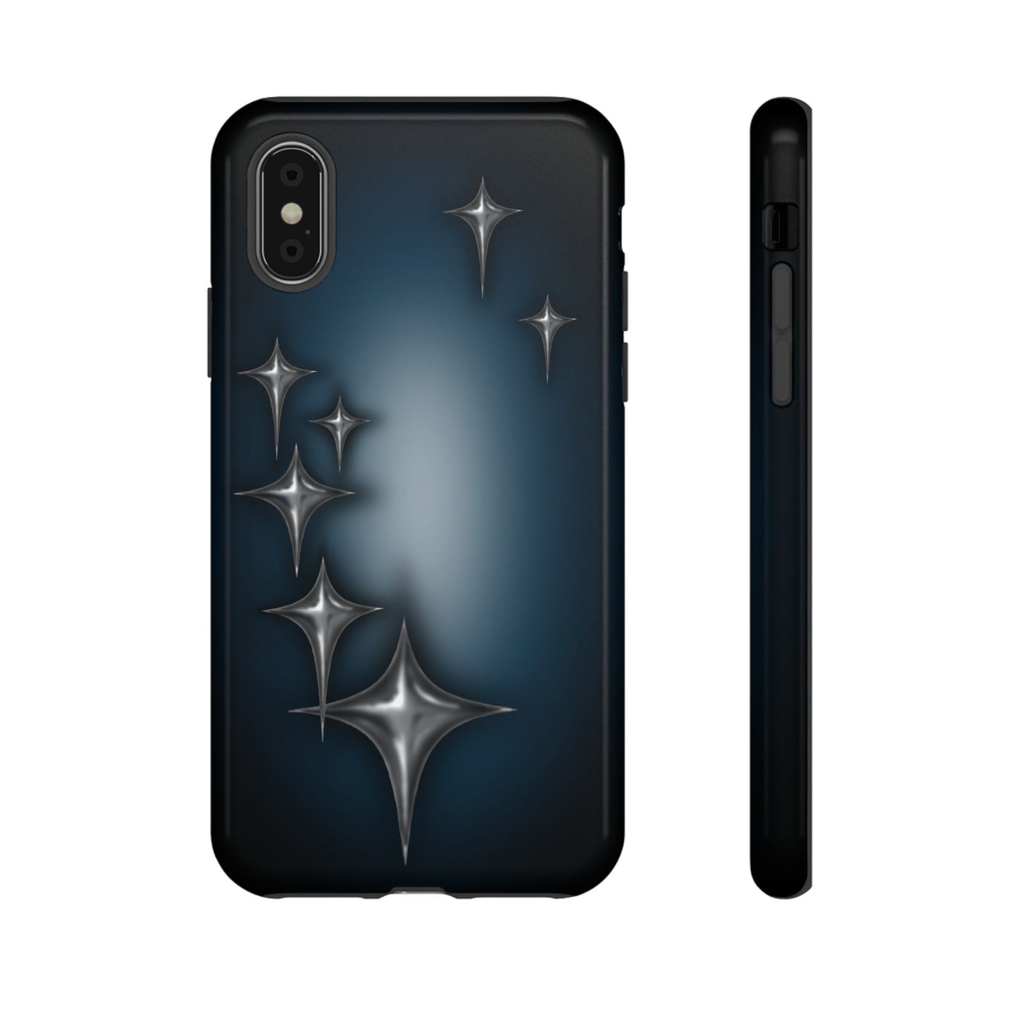 Star girl iPhone XS blue, teal, black phone case with chrome stars design making a gothic, emo, edgy, unique phone case front view