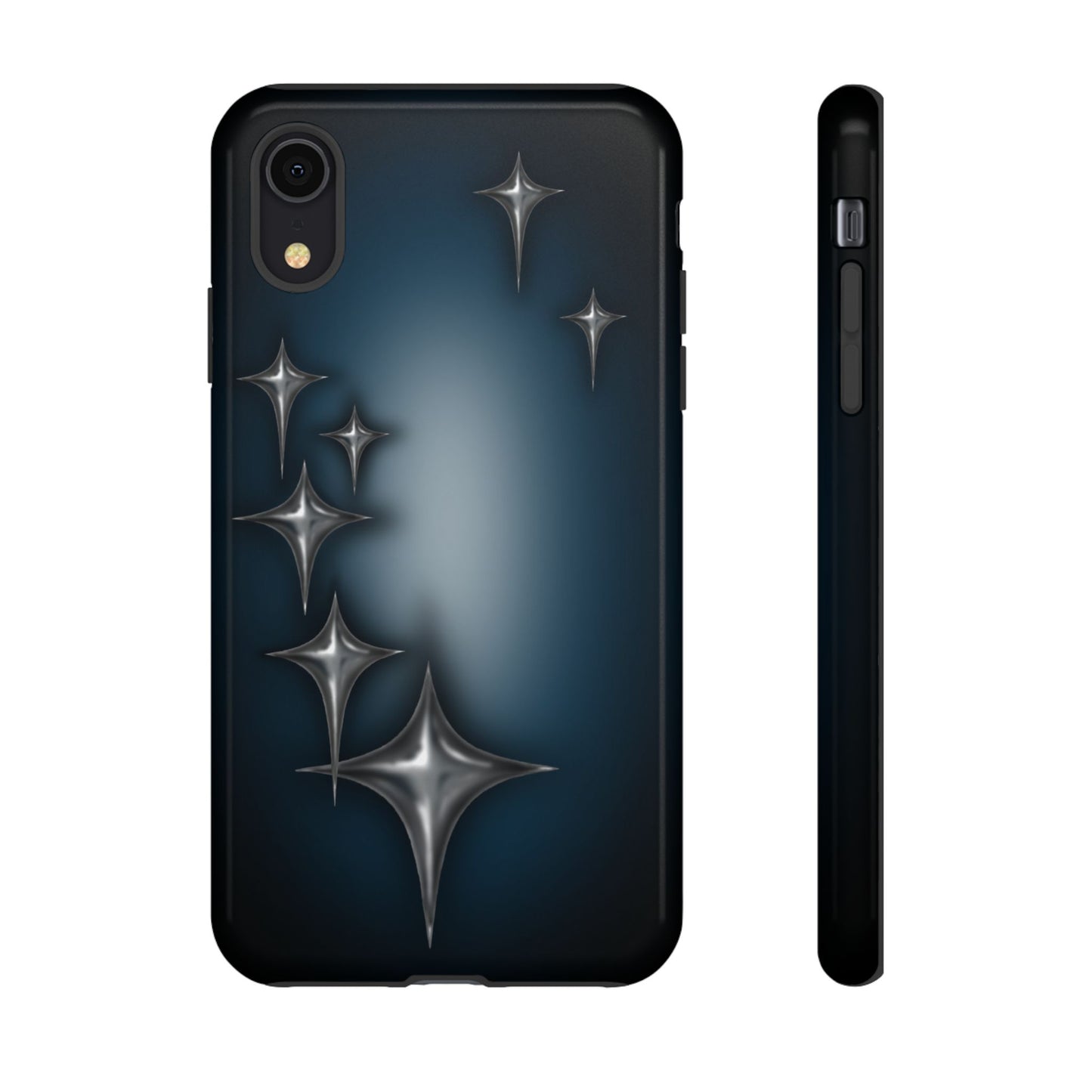 Star girl iPhone XR blue, teal, black phone case with chrome stars design making a gothic, emo, edgy, unique phone case front view