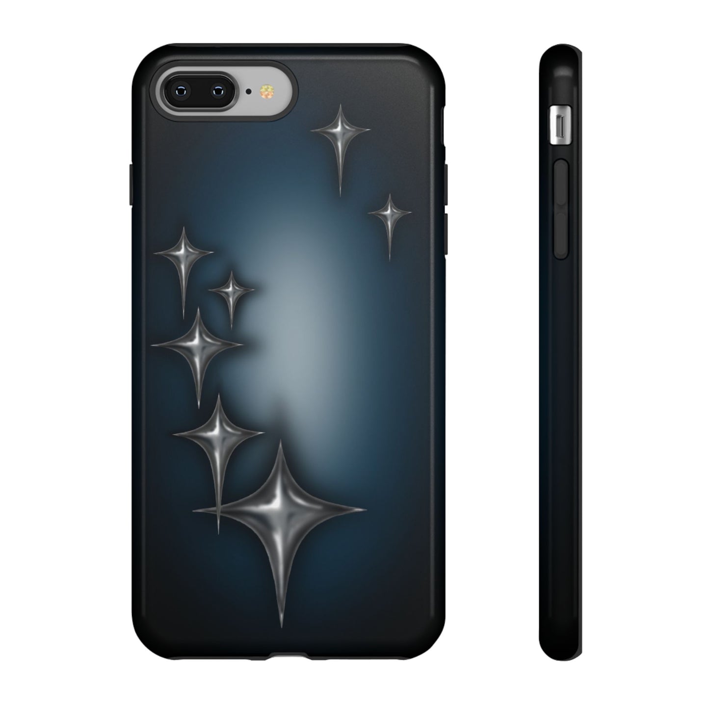 Star girl iPhone 8 Plus blue, teal, black phone case with chrome stars design making a gothic, emo, edgy, unique phone case front view
