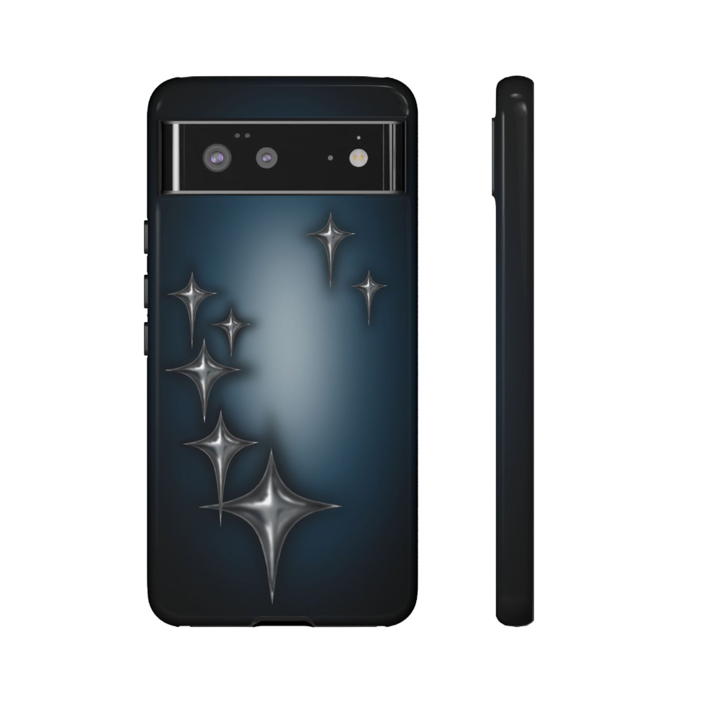 Star girl phone case blue, teal, black phone case with chrome stars design making a gothic, emo, edgy, unique phone case front view