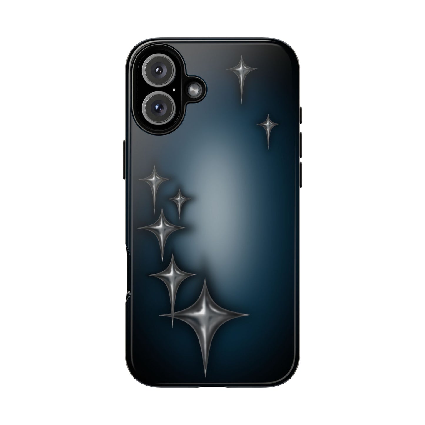 Star girl iphone 16, teal, black phone case with chrome stars design making a gothic, emo, edgy, unique phone case front view