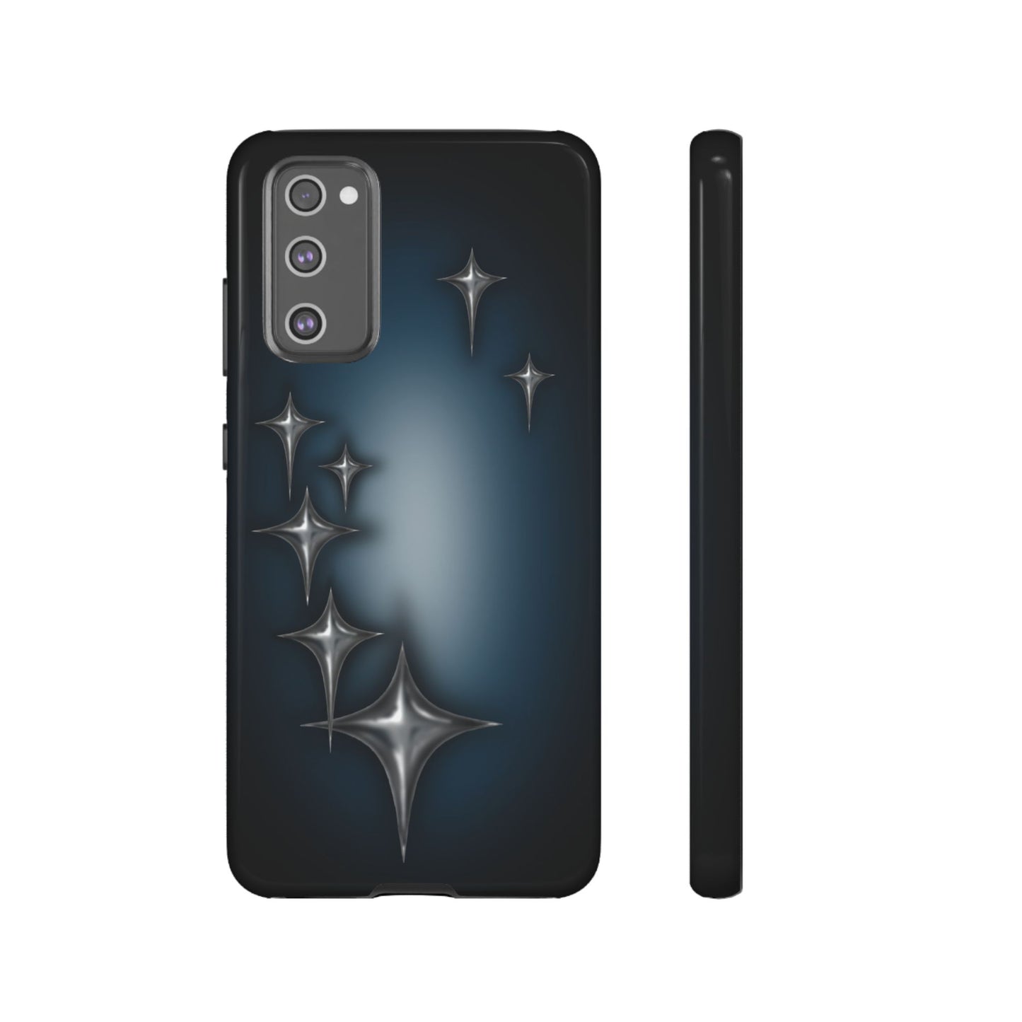 Star girl phone case blue, teal, black phone case with chrome stars design making a gothic, emo, edgy, unique phone case front view