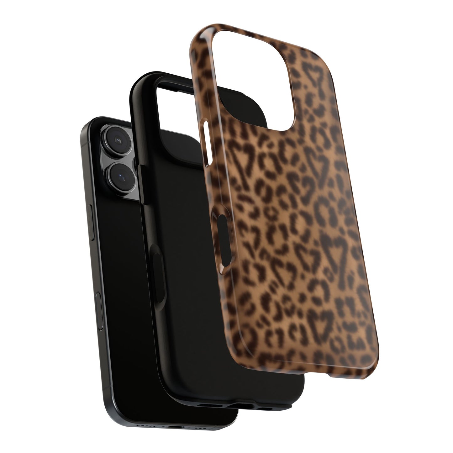 Phone case with brown animal print. Leopard cheetah print forming hearts, for the cutest, classic, protective case. Fits iPhone, Samsung and Google Pixel layer view