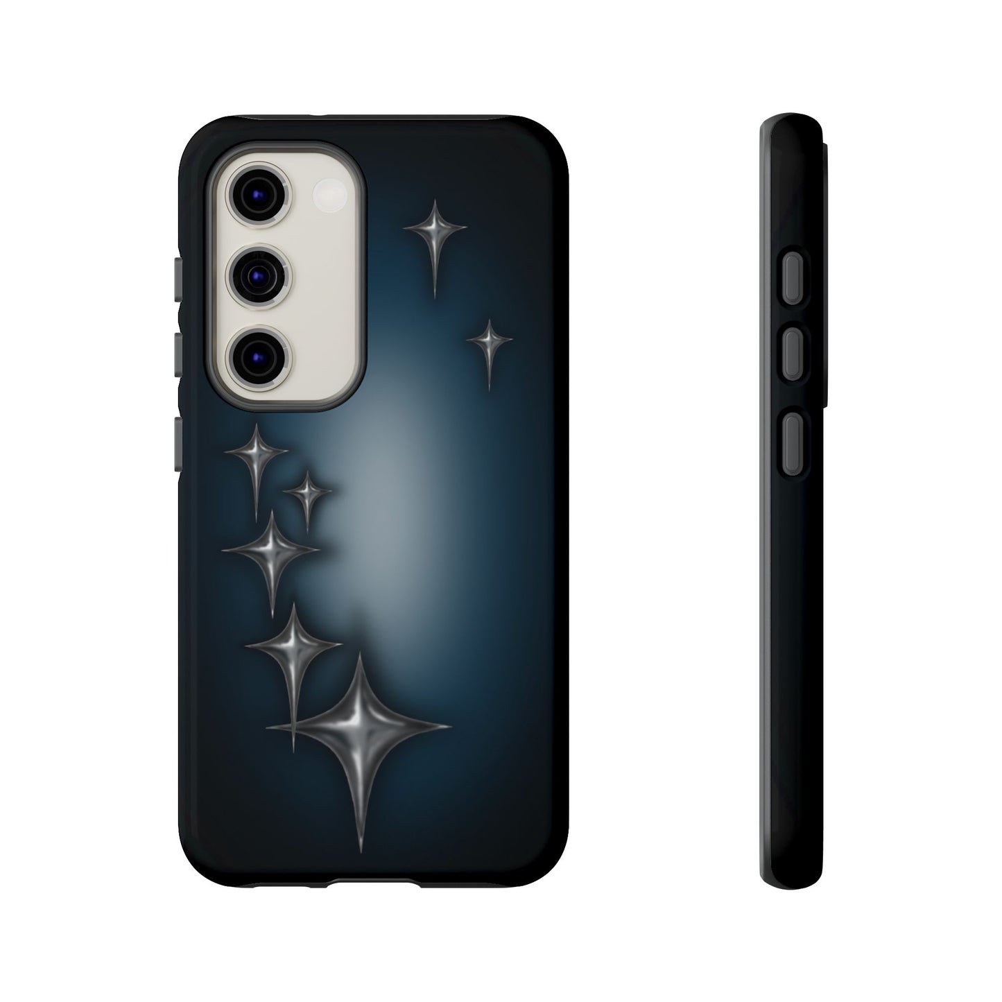 Star girl Samsung galaxy S23 phone case blue, teal, black phone case with chrome stars design making a gothic, emo, edgy, unique phone case front view