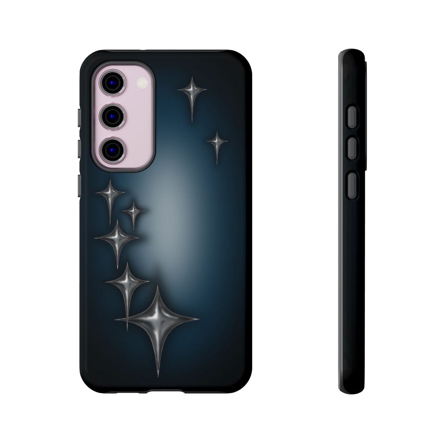 Star girl Samsung galaxy S23 plus phone case blue, teal, black phone case with chrome stars design making a gothic, emo, edgy, unique phone case front view