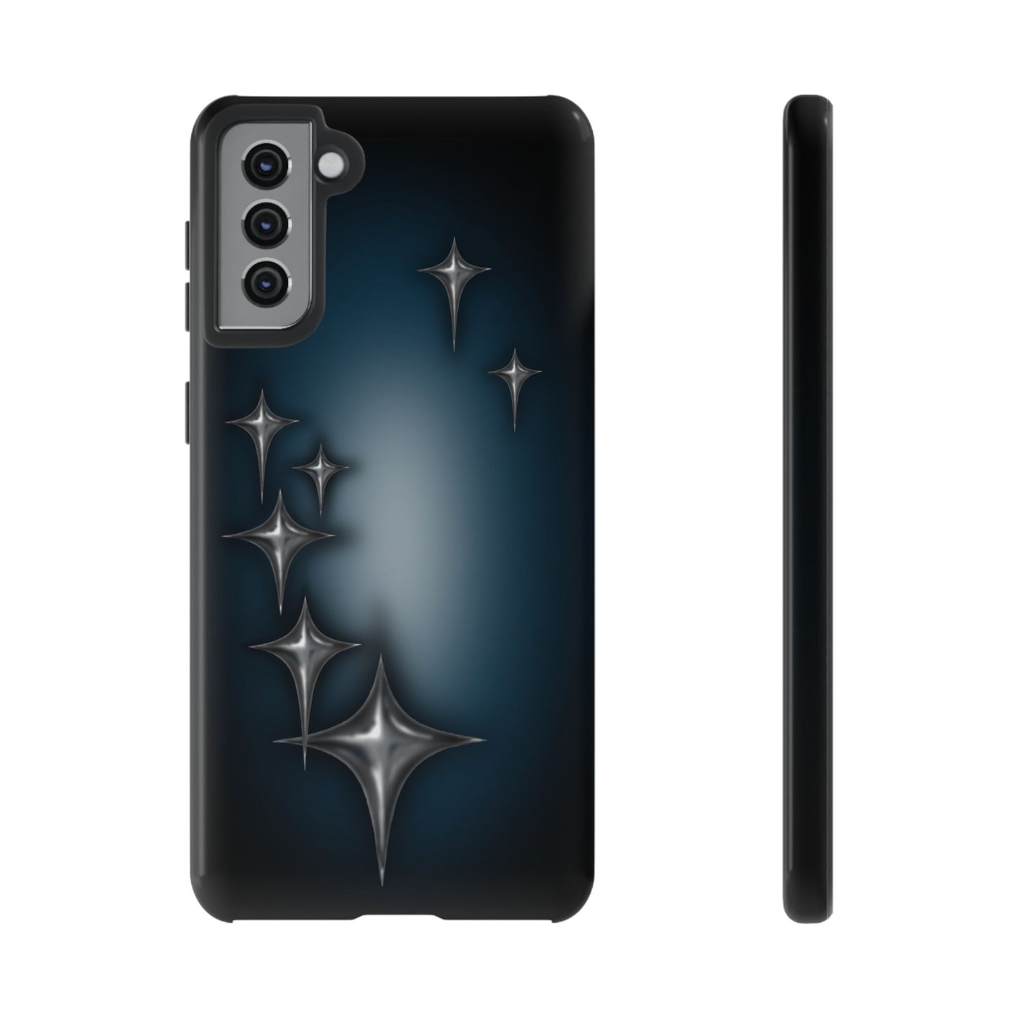 Star girl Samsung galaxy s21 plus phone case blue, teal, black phone case with chrome stars design making a gothic, emo, edgy, unique phone case front view