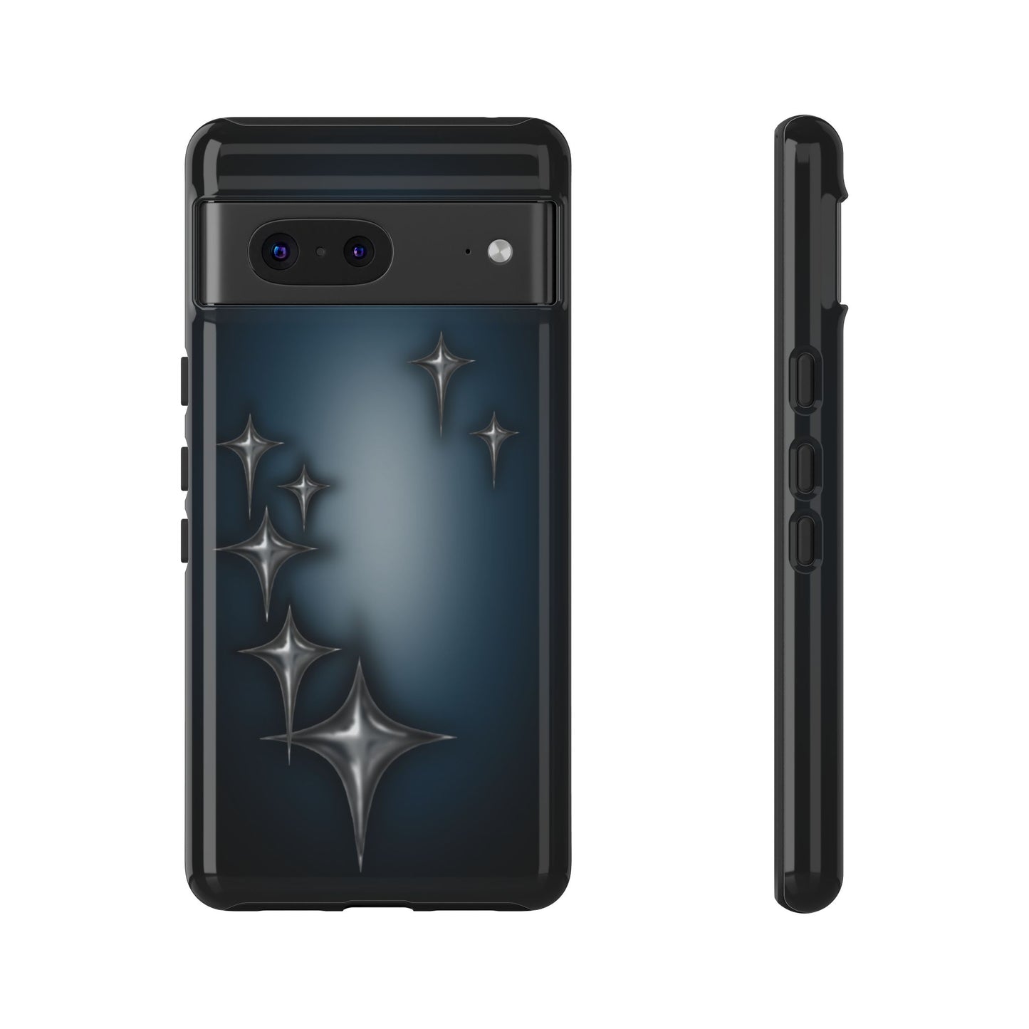 Star girl google pixel 7 phone case blue, teal, black phone case with chrome stars design making a gothic, emo, edgy, unique phone case front view