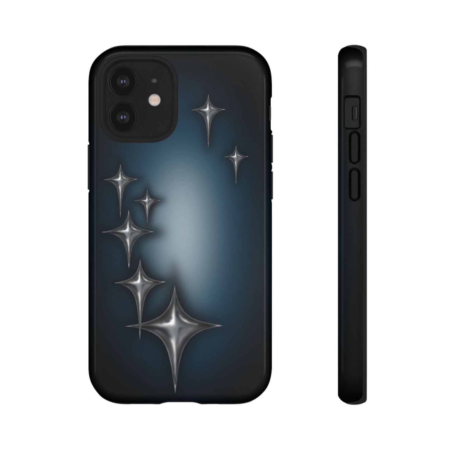 Star girl iPhone 12 mini phone case blue, teal, black phone case with chrome stars design making a gothic, emo, edgy, unique phone case front view