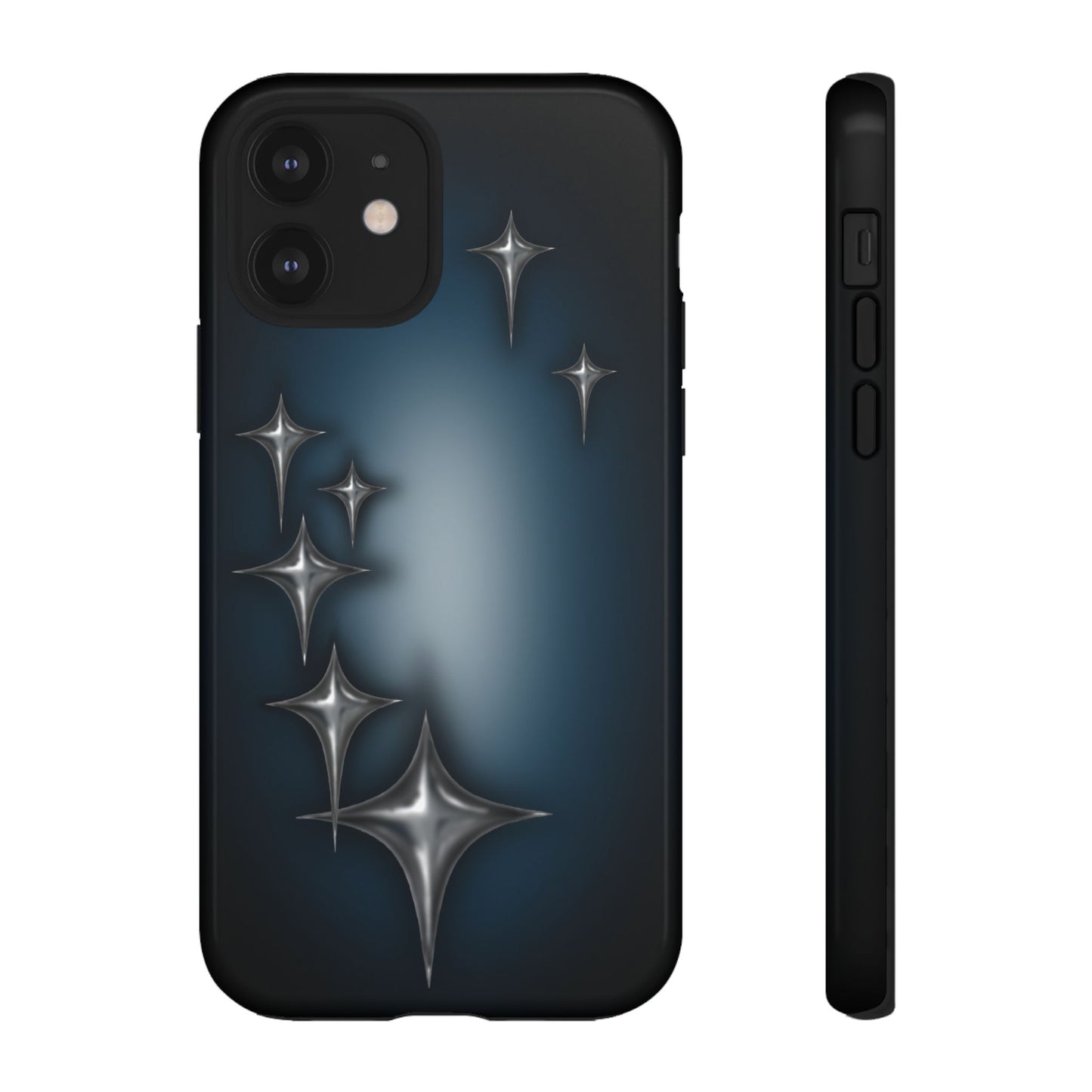 Star girl iPhone 12 phone case blue, teal, black phone case with chrome stars design making a gothic, emo, edgy, unique phone case front view