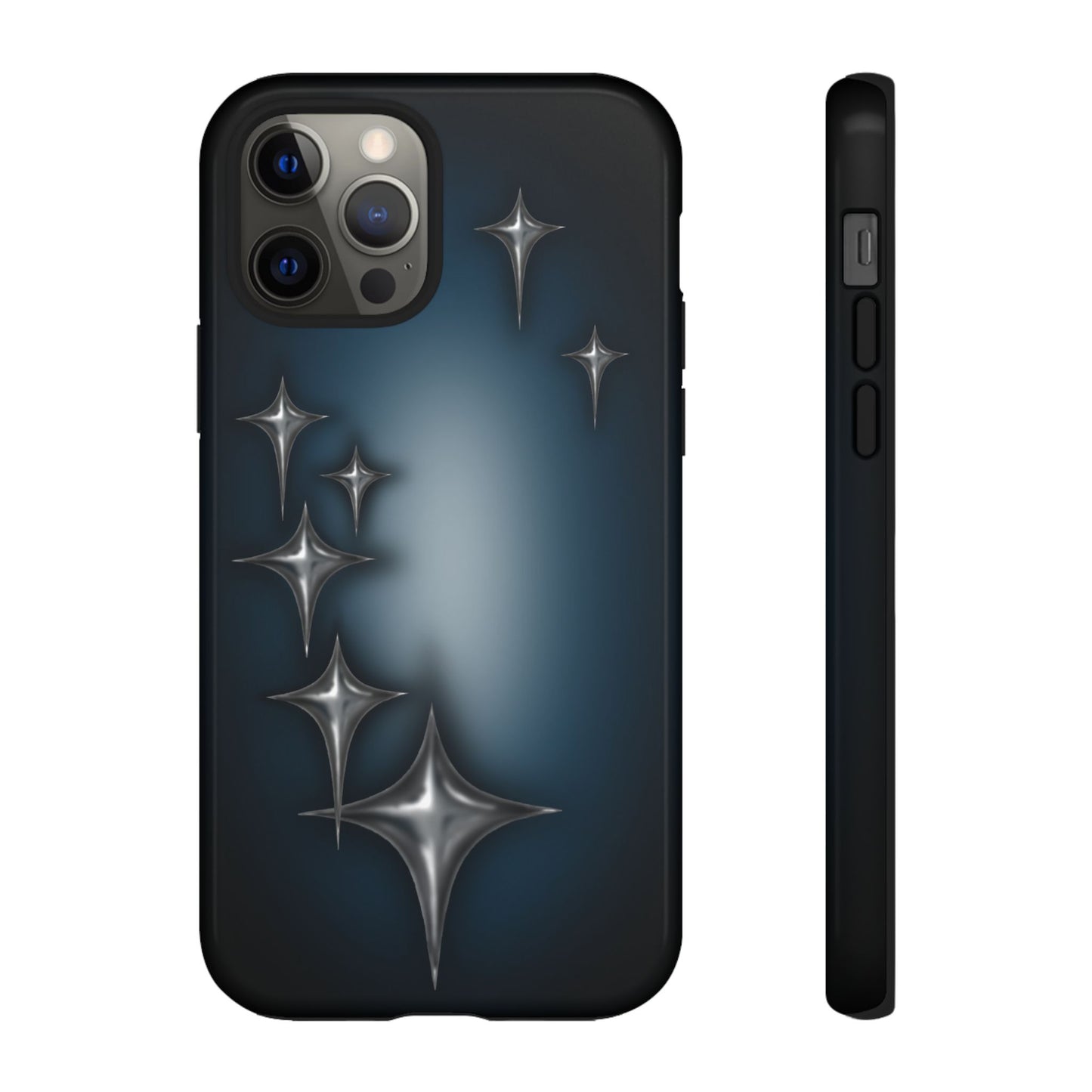 Star girl iPhone 12 phone pro case blue, teal, black phone case with chrome stars design making a gothic, emo, edgy, unique phone case front view