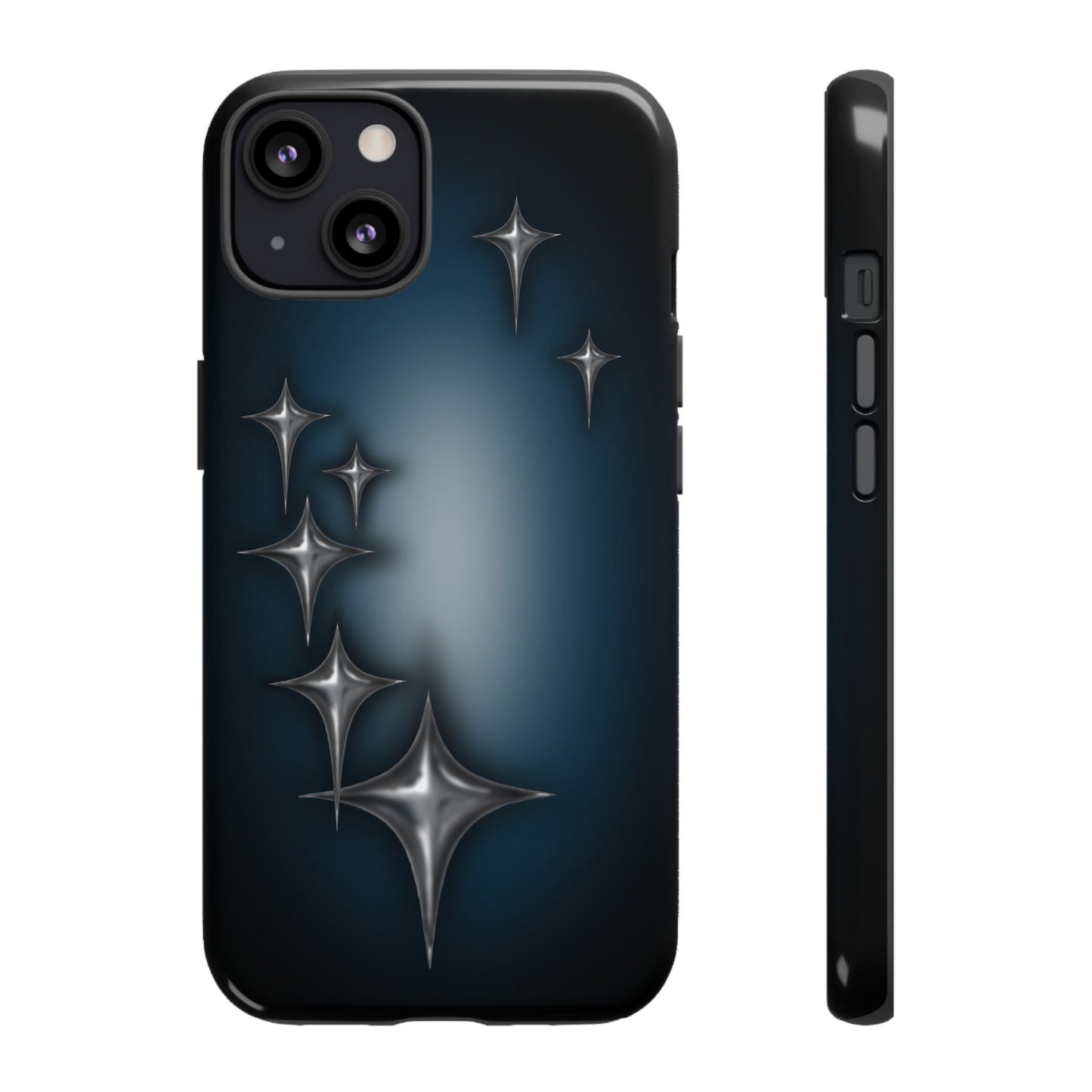 Star girl iPhone 13 phone case blue, teal, black phone case with chrome stars design making a gothic, emo, edgy, unique phone case front view