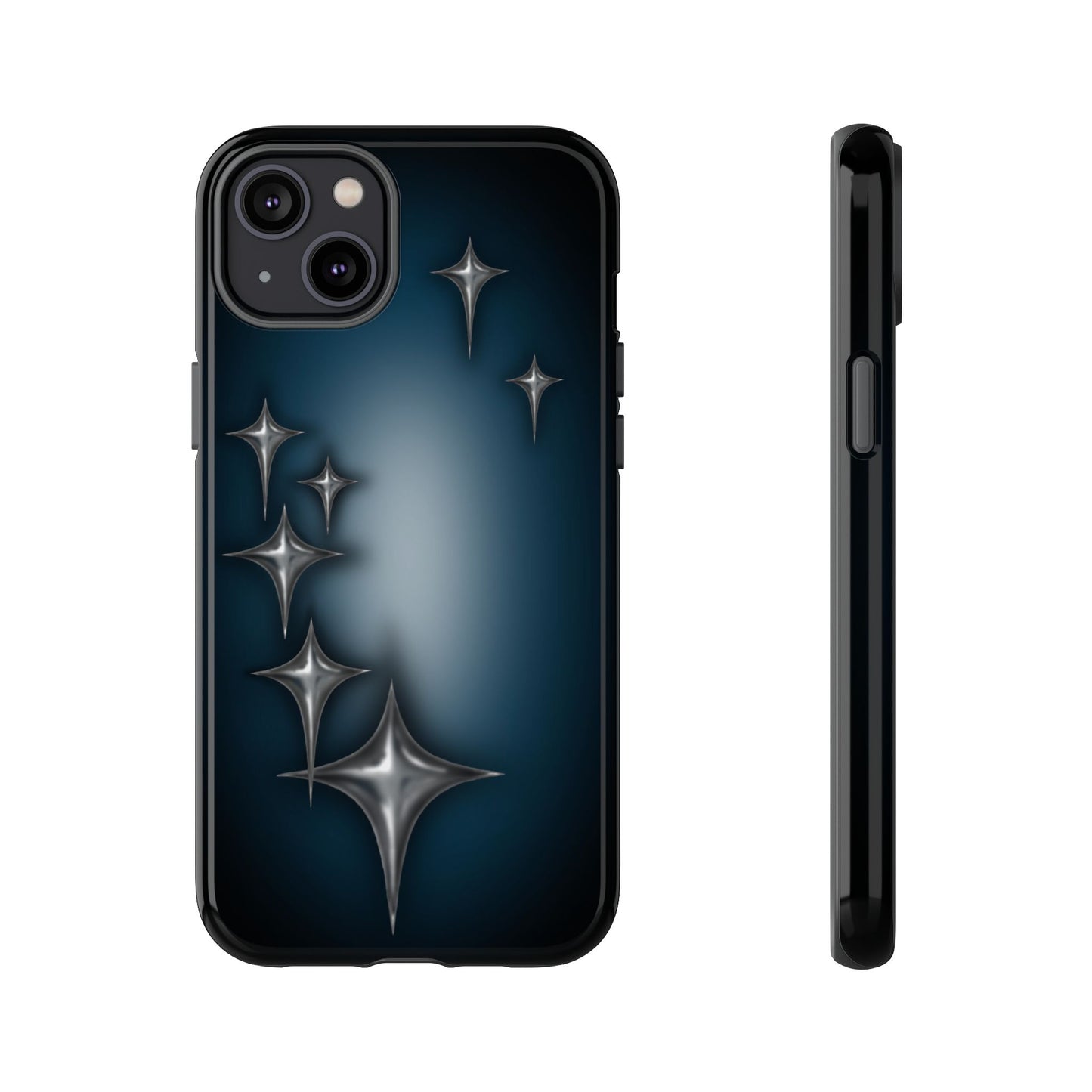 Star girl iPhone 14 Plus phone case blue, teal, black phone case with chrome stars design making a gothic, emo, edgy, unique phone case front view