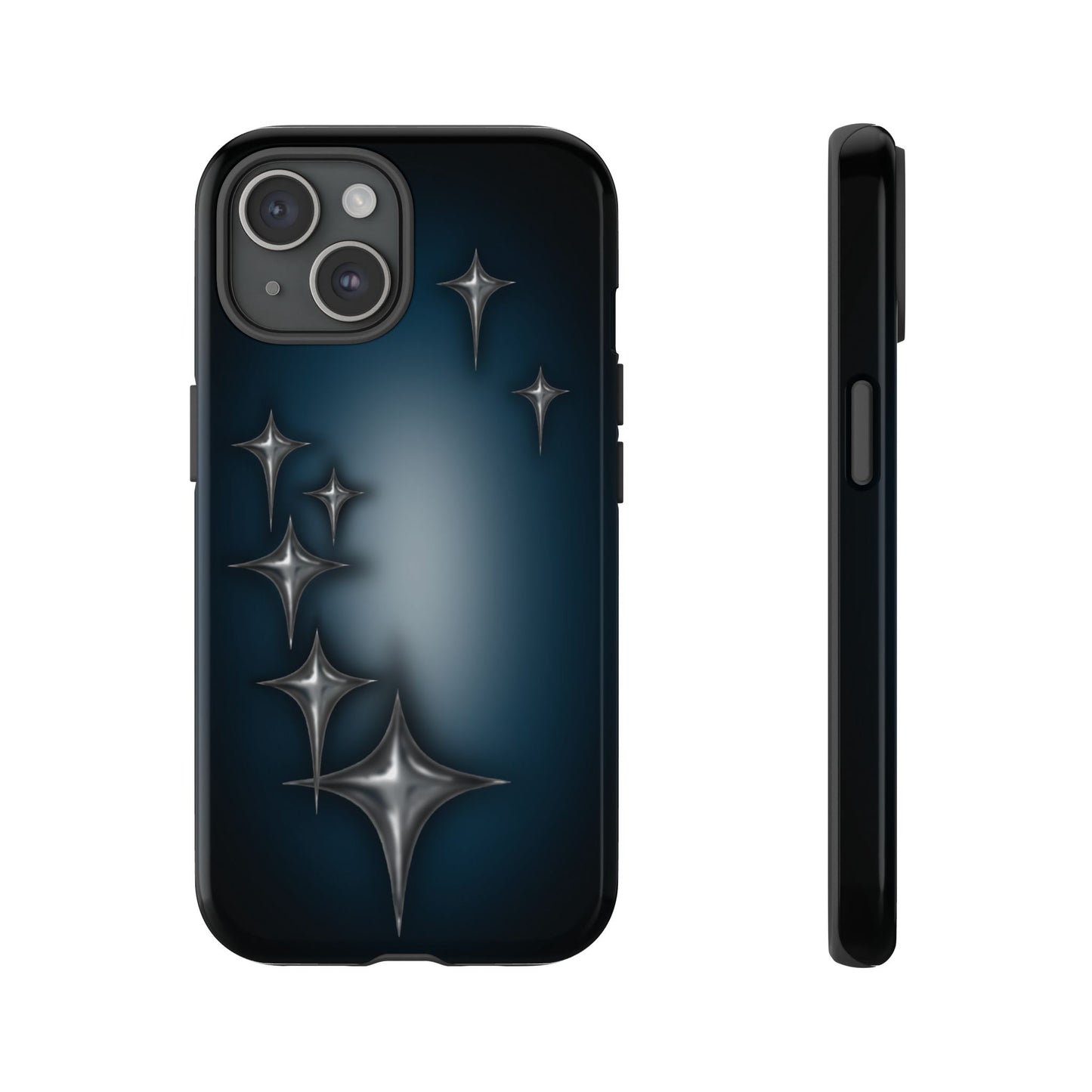 Star girl iPhone 15 phone case blue, teal, black phone case with chrome stars design making a gothic, emo, edgy, unique phone case front view
