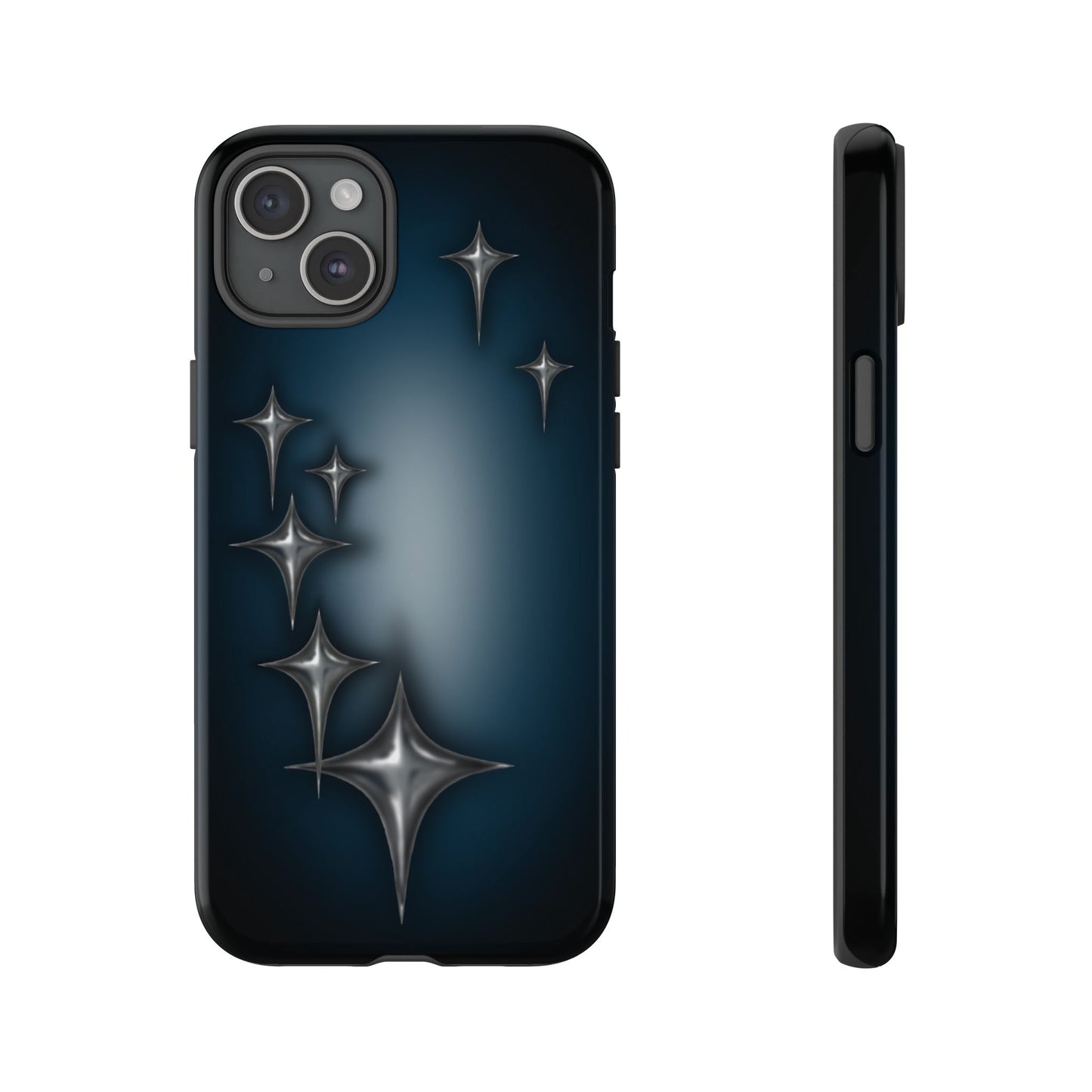 Star girl iPhone 15 plus phone case blue, teal, black phone case with chrome stars design making a gothic, emo, edgy, unique phone case front view
