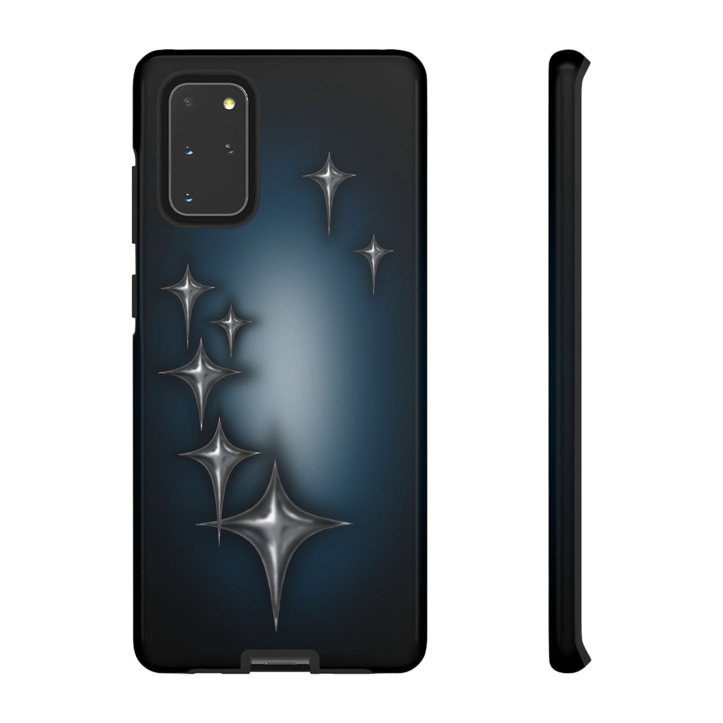 Star girl samsung galaxy s20+phone case blue, teal, black phone case with chrome stars design making a gothic, emo, edgy, unique phone case front view