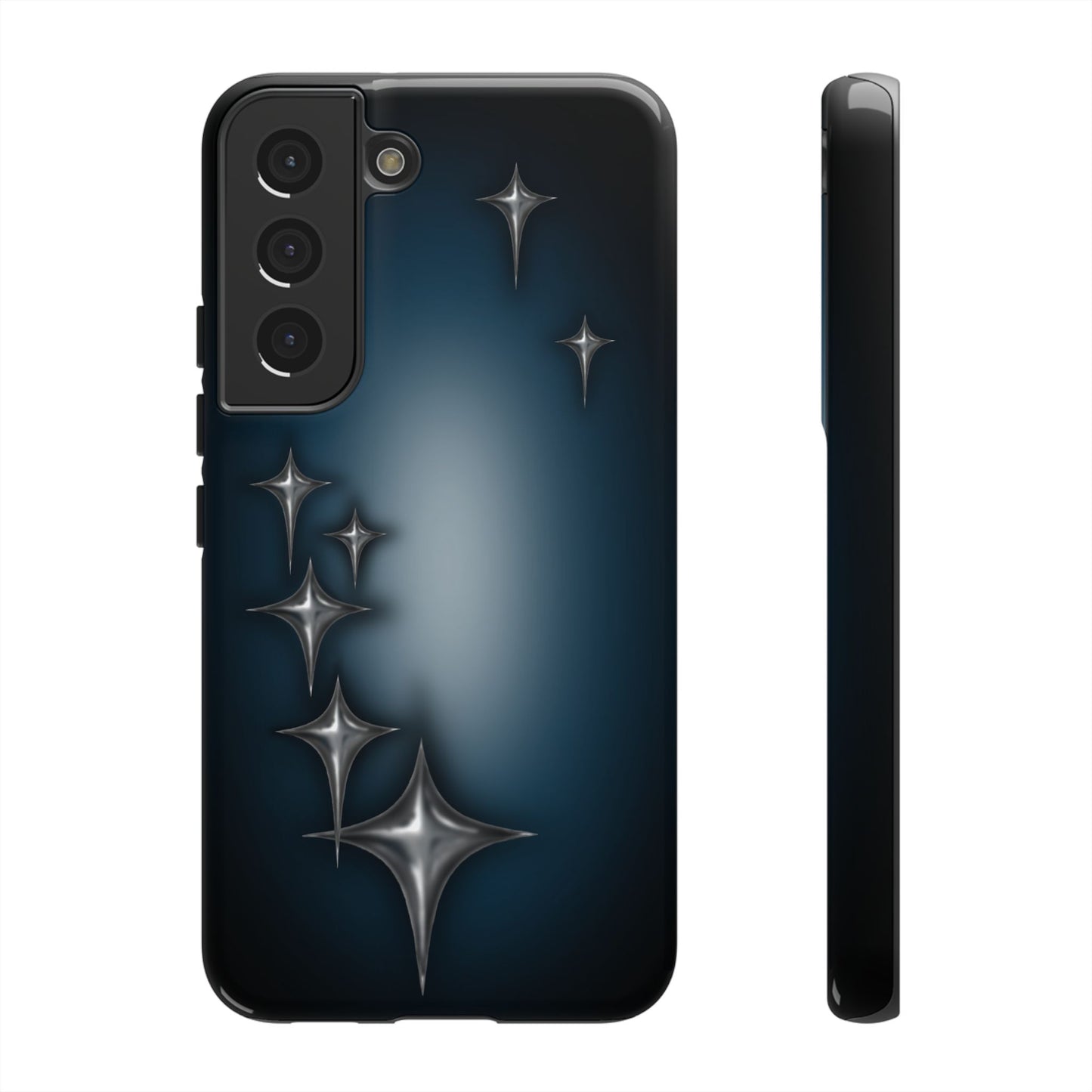 Star girl samsung galaxy s22 phone case blue, teal, black phone case with chrome stars design making a gothic, emo, edgy, unique phone case front view
