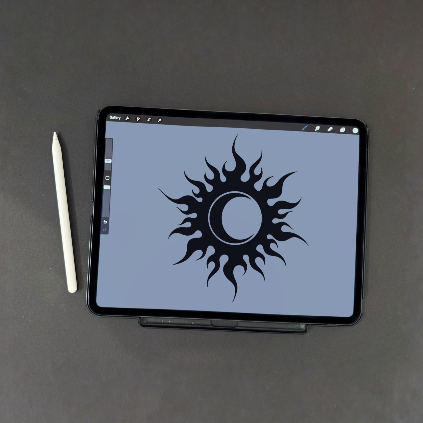 Flaming sun eclipse cresent moon burnt bliss logo for phone cases on ipad app procreate with apple pencil pro on black background