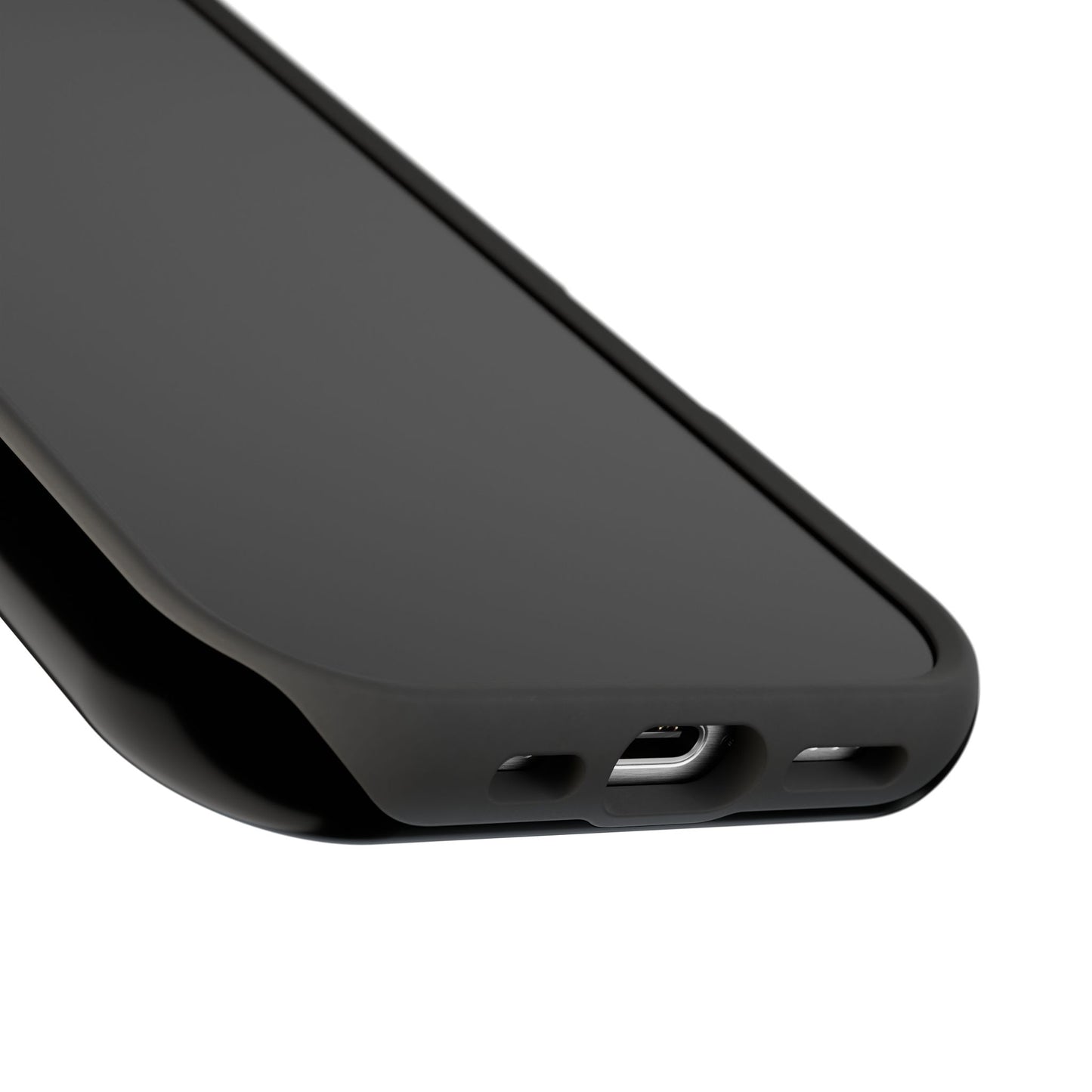 metal cyber cigilism black phone case with silver daggers, close up charger port