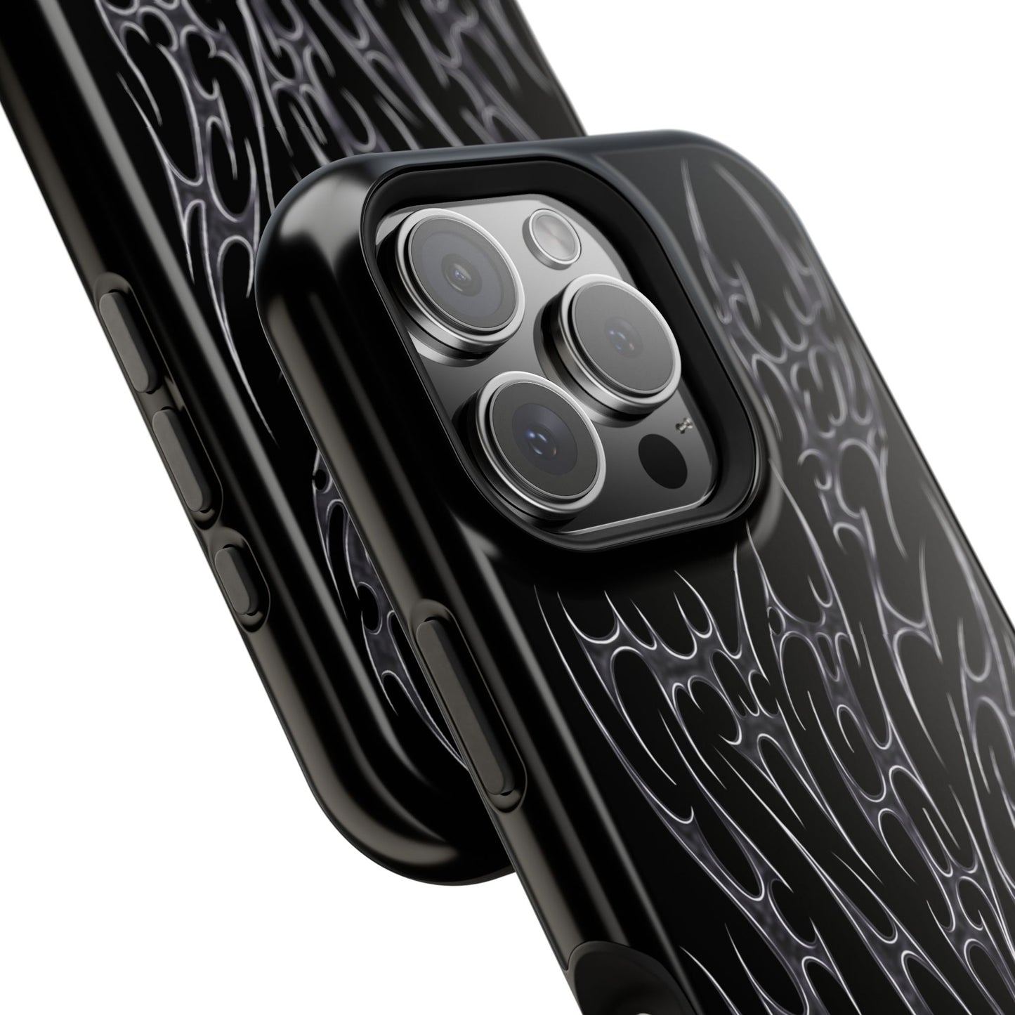 metal cyber cigilism black phone case with silver daggers, close up protective camera