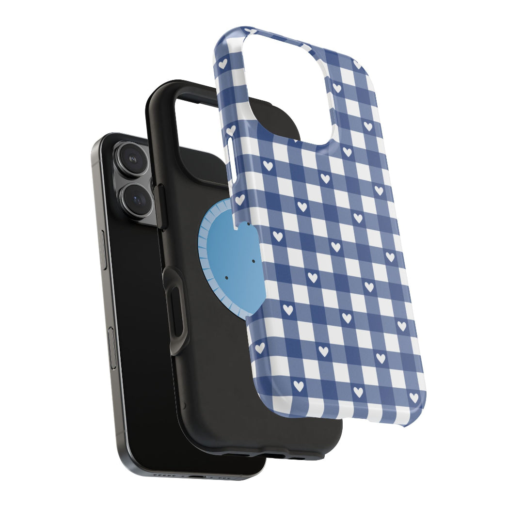 Magsafe phone case black gingham blue checker plaid pattern with white hearts. Cute, simple protective cover for iPhone, Samsung, and Pixel. Prefect for spring and summer! layers view