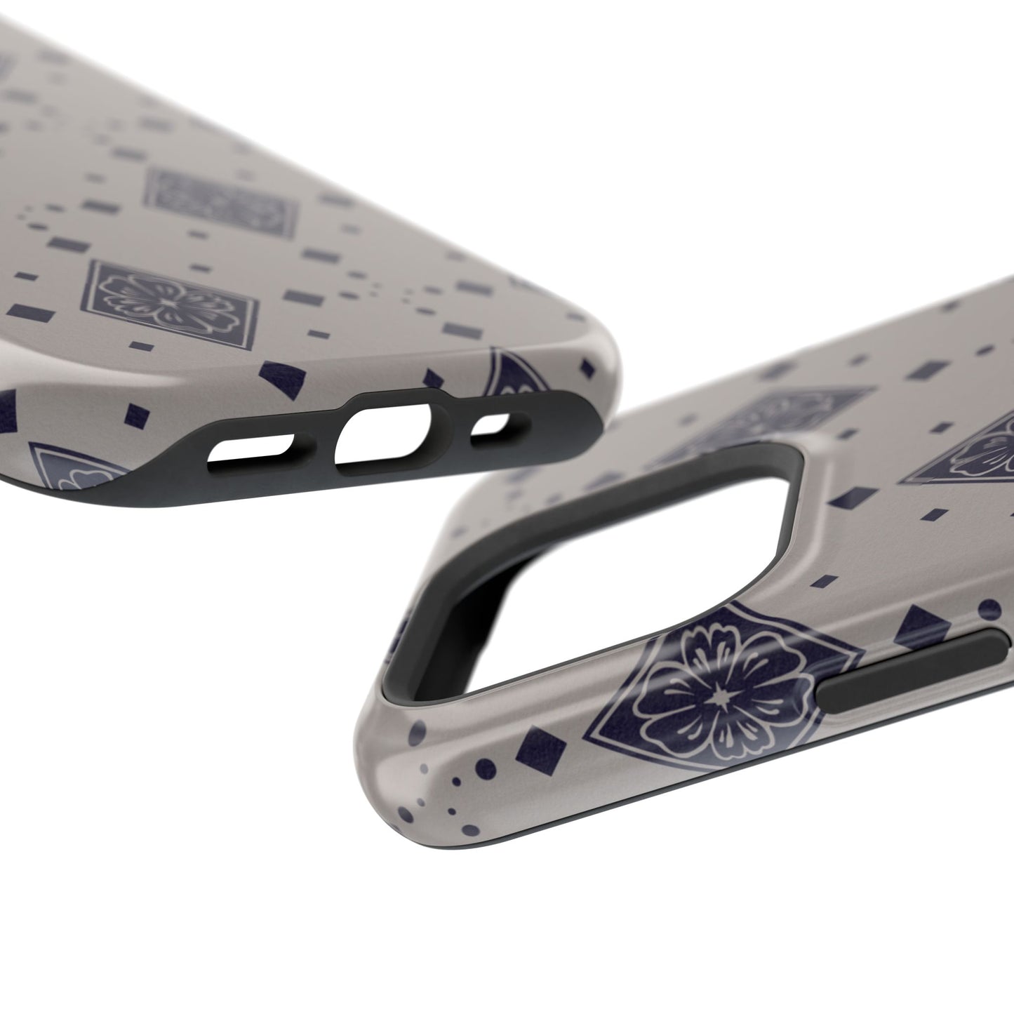 tan grey phone case with boho diamond flower motif pattern on top charging port