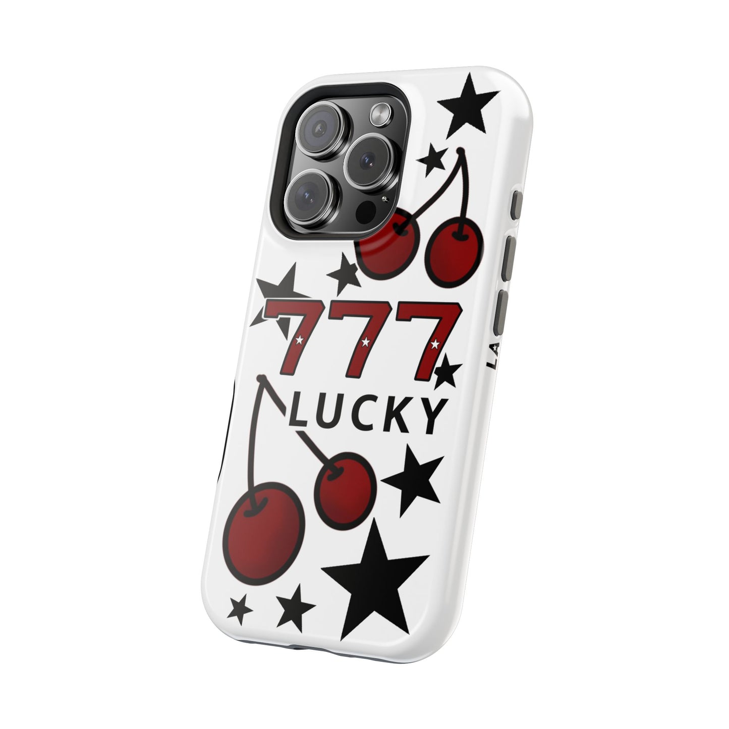 Lucky 777 Magsafe phone case with red cherries & stars design. Casino and angel numbers on this bold case Protective Fits iPhone, Samsung & Google Pixel models. side view