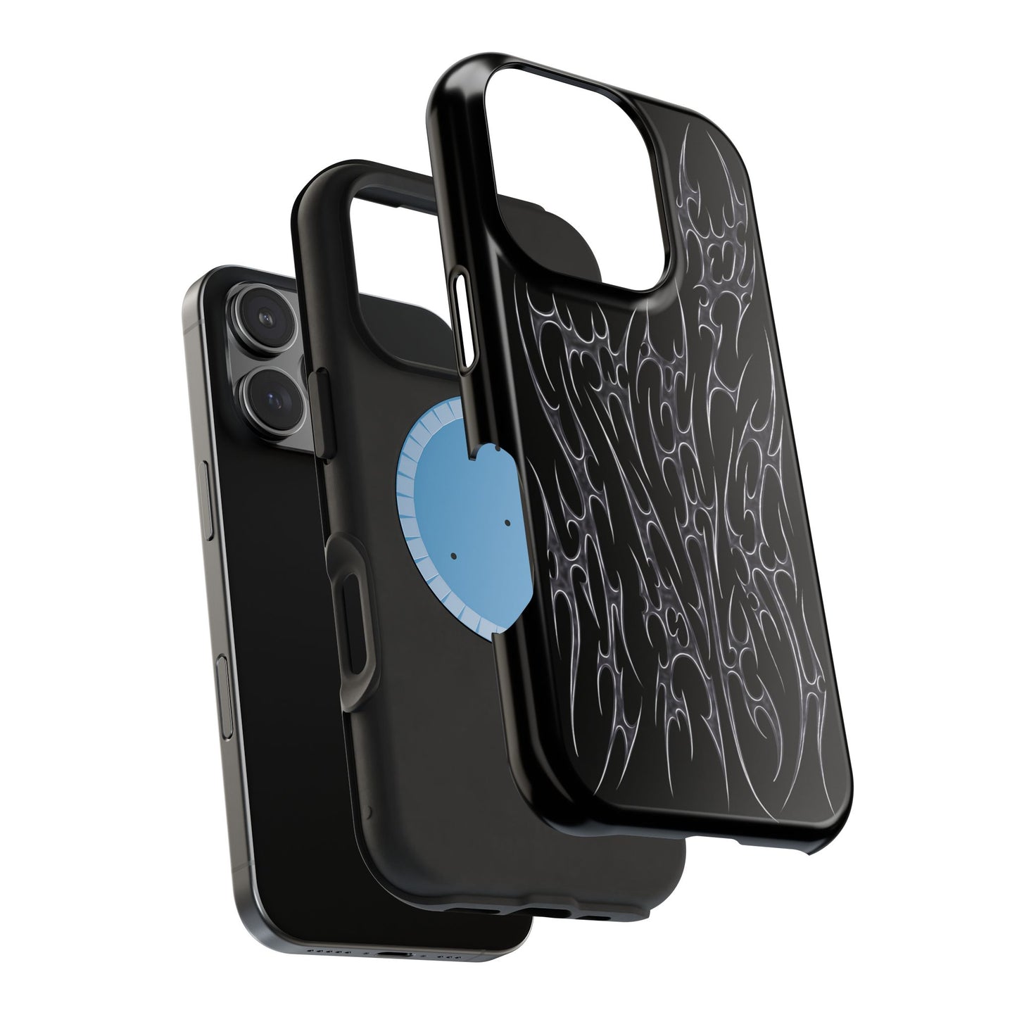 metal cyber cigilism black phone case with silver daggers, magsage layers edgy gothic and emo design
