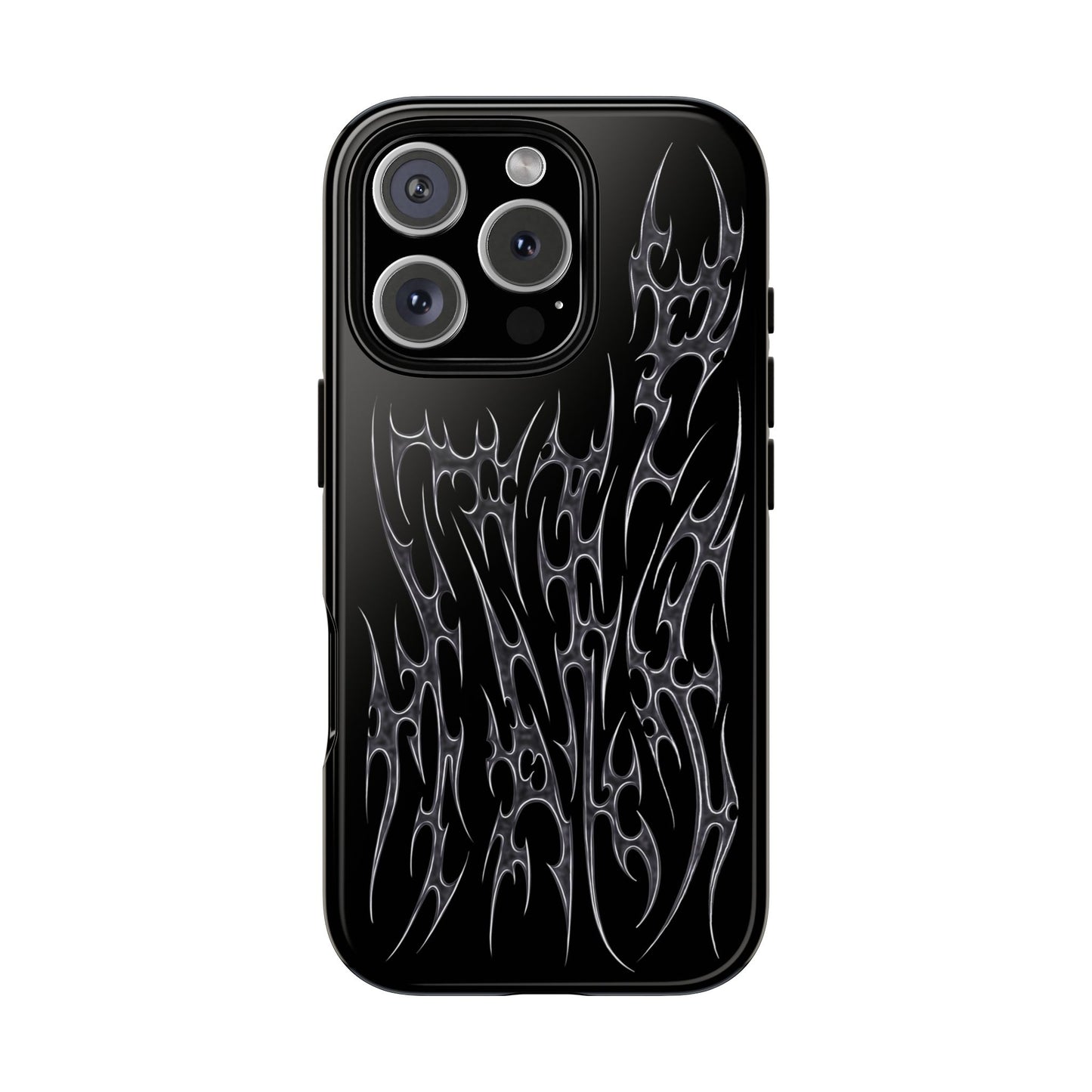 magsafe edgy gothic phone case black background with silver metal cyber cigilism dagger design for men and women front view