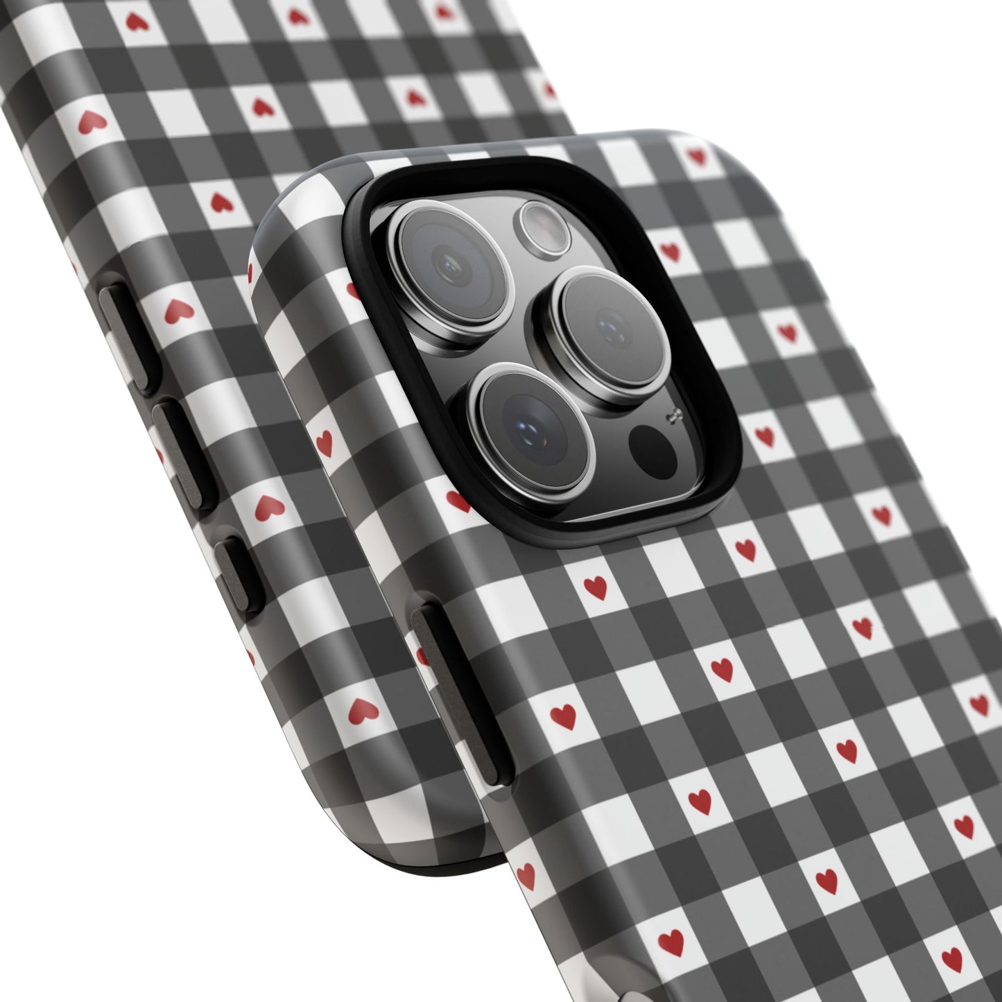 Phone case black gingham checker plaid pattern with red hearts. Cute, simple protective cover for iPhone, Samsung, and Pixel. Prefect for spring and summer! camera view