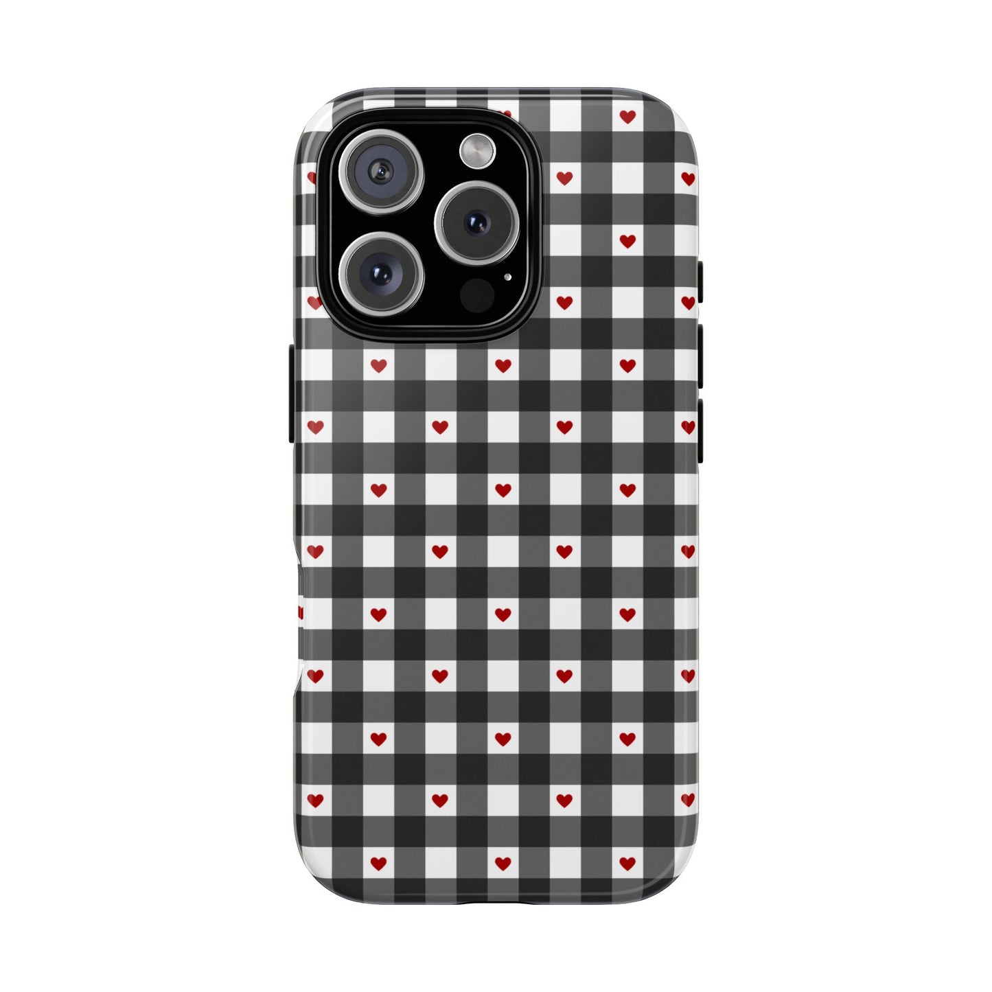Phone case black gingham checker plaid pattern with red hearts. Cute, simple protective cover for iPhone, Samsung, and Pixel. Prefect for spring and summer! fornt view