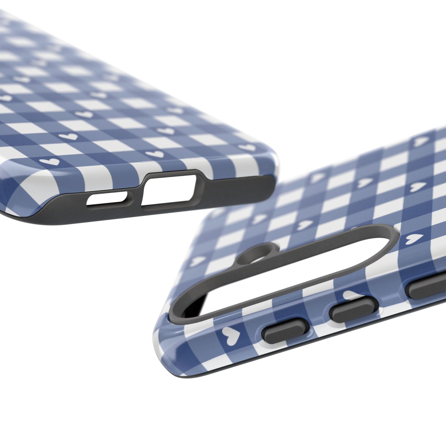 Phone case black gingham blue checker plaid pattern with white hearts. Cute, simple protective cover for iPhone, Samsung, and Pixel. Prefect for spring and summer! up close photo protective edges