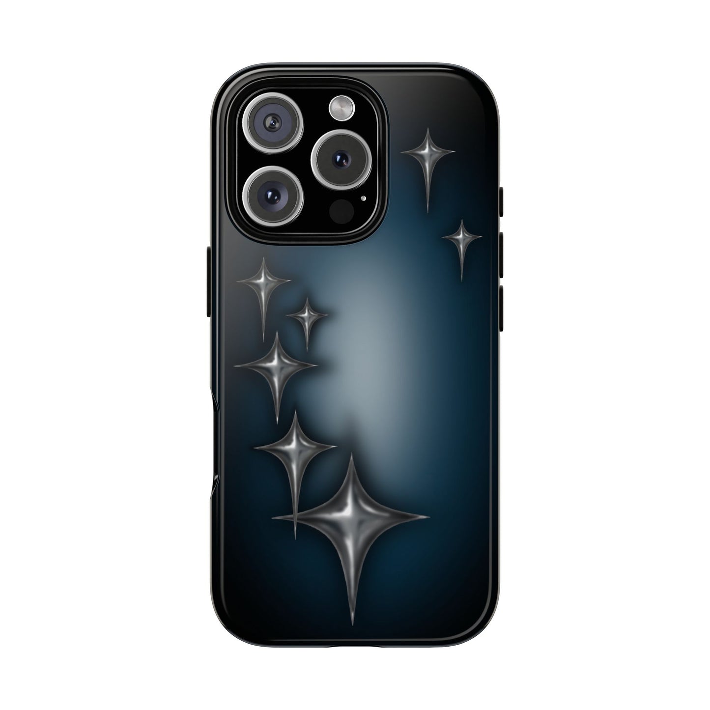 phone case with chrome star design on blue black background. Protective & shock-absorbing. Fits iPhone, Samsung & Google Pixel models. Cool, edgy design front view