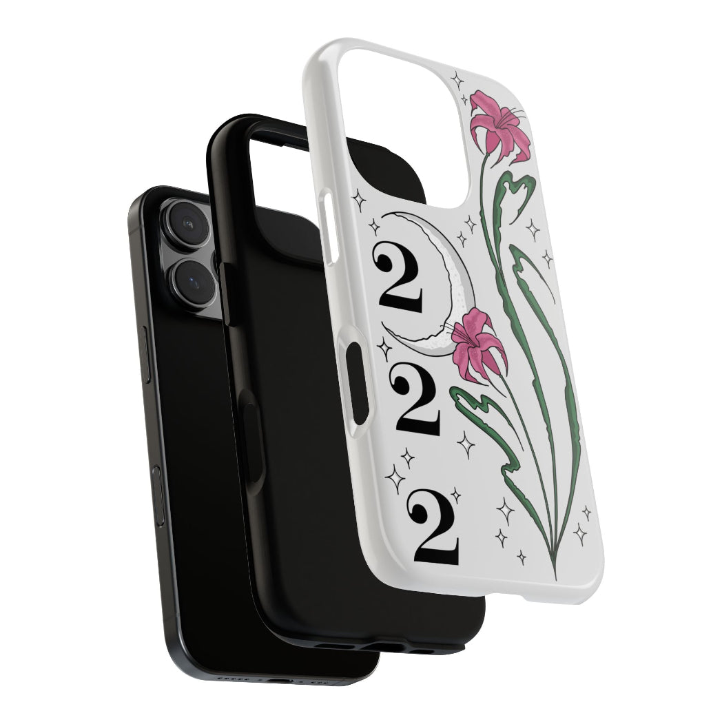 Phone case with pink lilies, crescent moon, 222 angel number on white background. twinkle stars Cute, aesthetic, protective design. Fits iPhone, Samsung & Google Pixel models. protective layers view