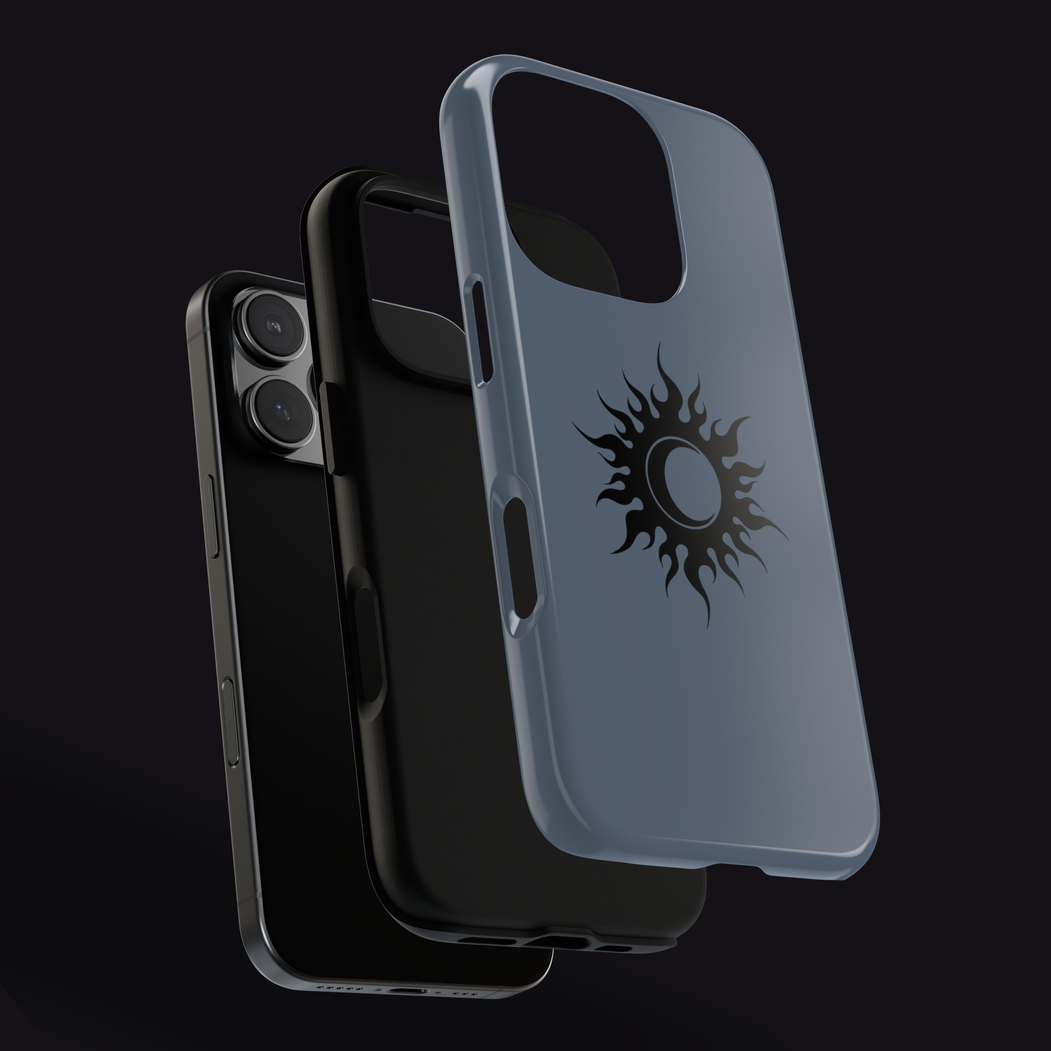 protective phone case with blue and black flaming sun eclipse with crescent moon, dual shock layers
