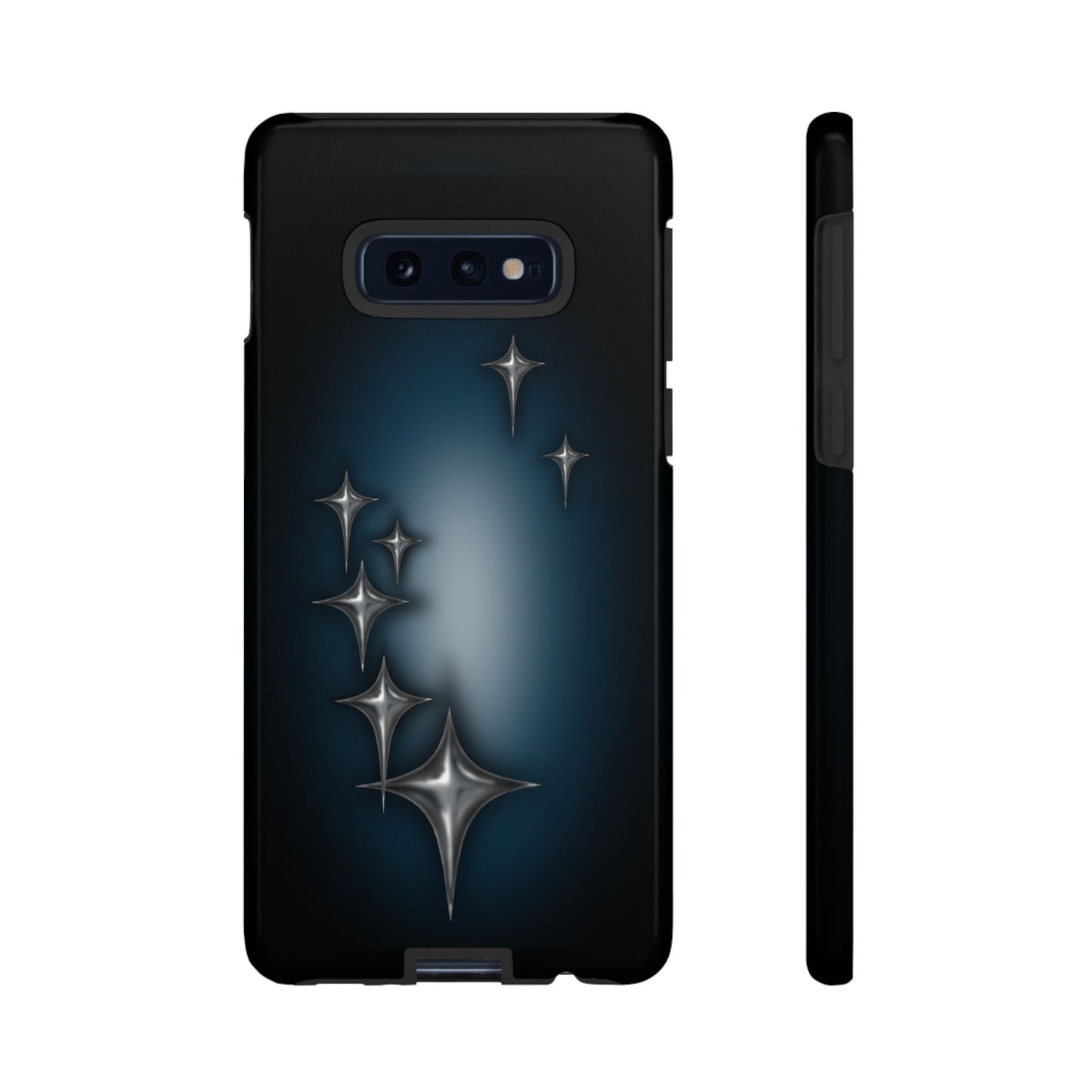 Star girl Samsung galaxy 10E blue, teal, black phone case with chrome stars design making a gothic, emo, edgy, unique phone case front view