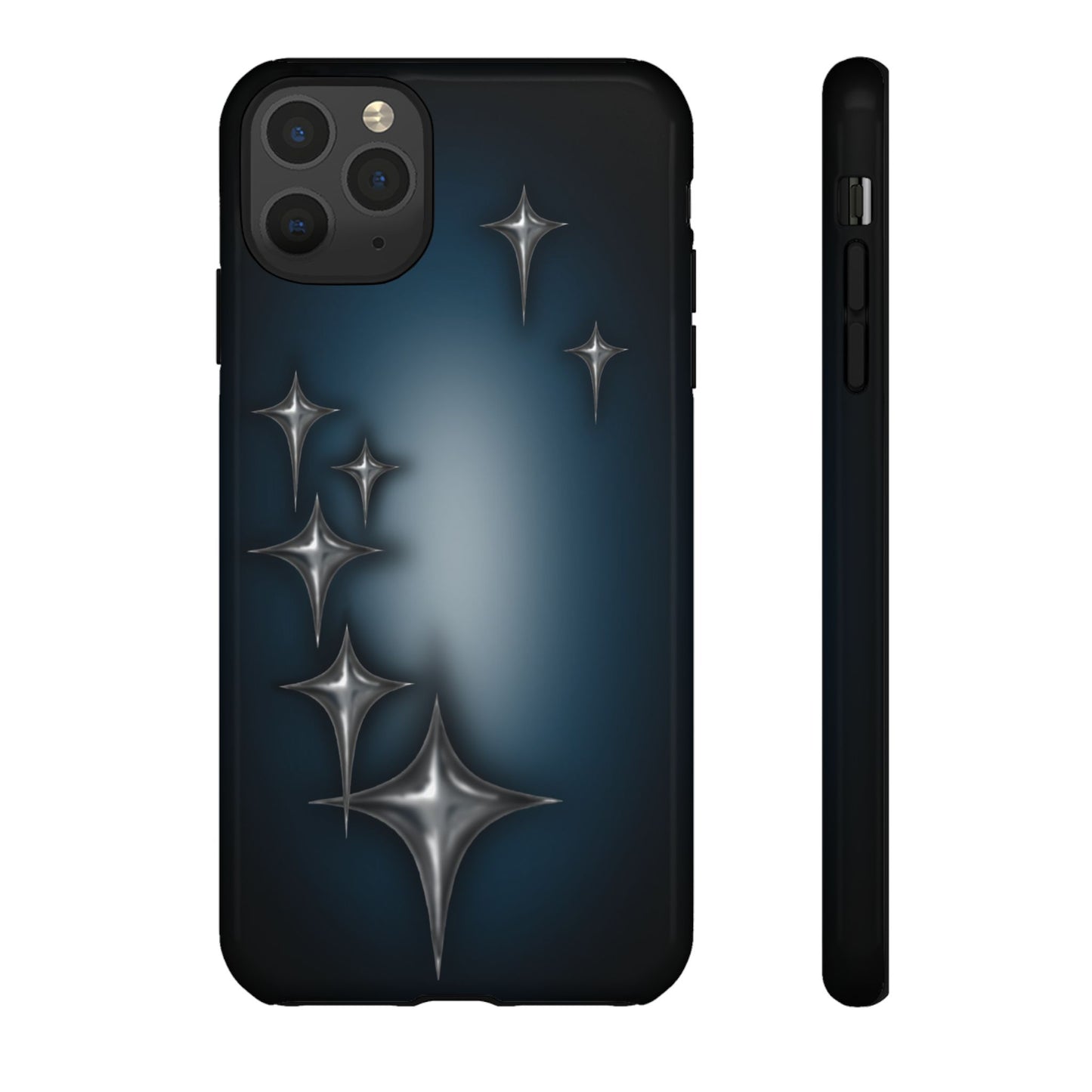 Star girl iPhone 11 Pro Max phone case blue, teal, black phone case with chrome stars design making a gothic, emo, edgy, unique phone case front view