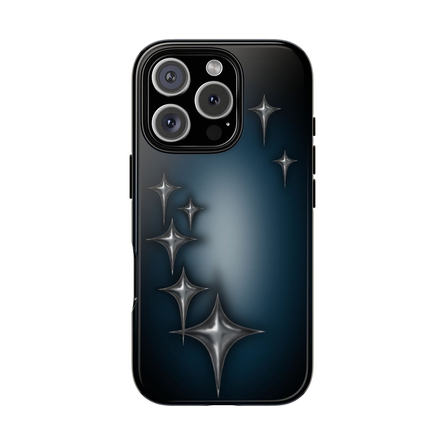 Star girl iPhone 16 pro max, teal, black phone case with chrome stars design making a gothic, emo, edgy, unique phone case front view