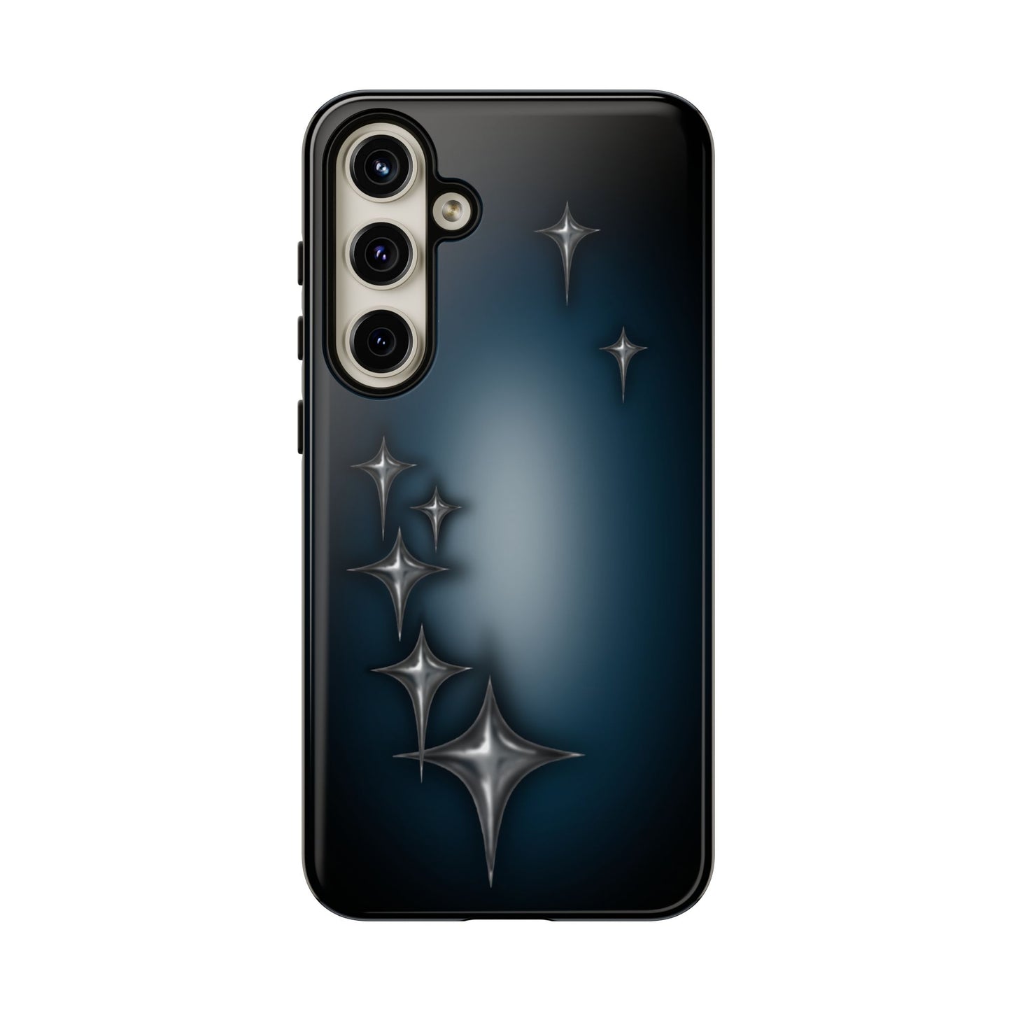 Star girl Samsung S24 plus blue, teal, black phone case with chrome stars design making a gothic, emo, edgy, unique phone case front view