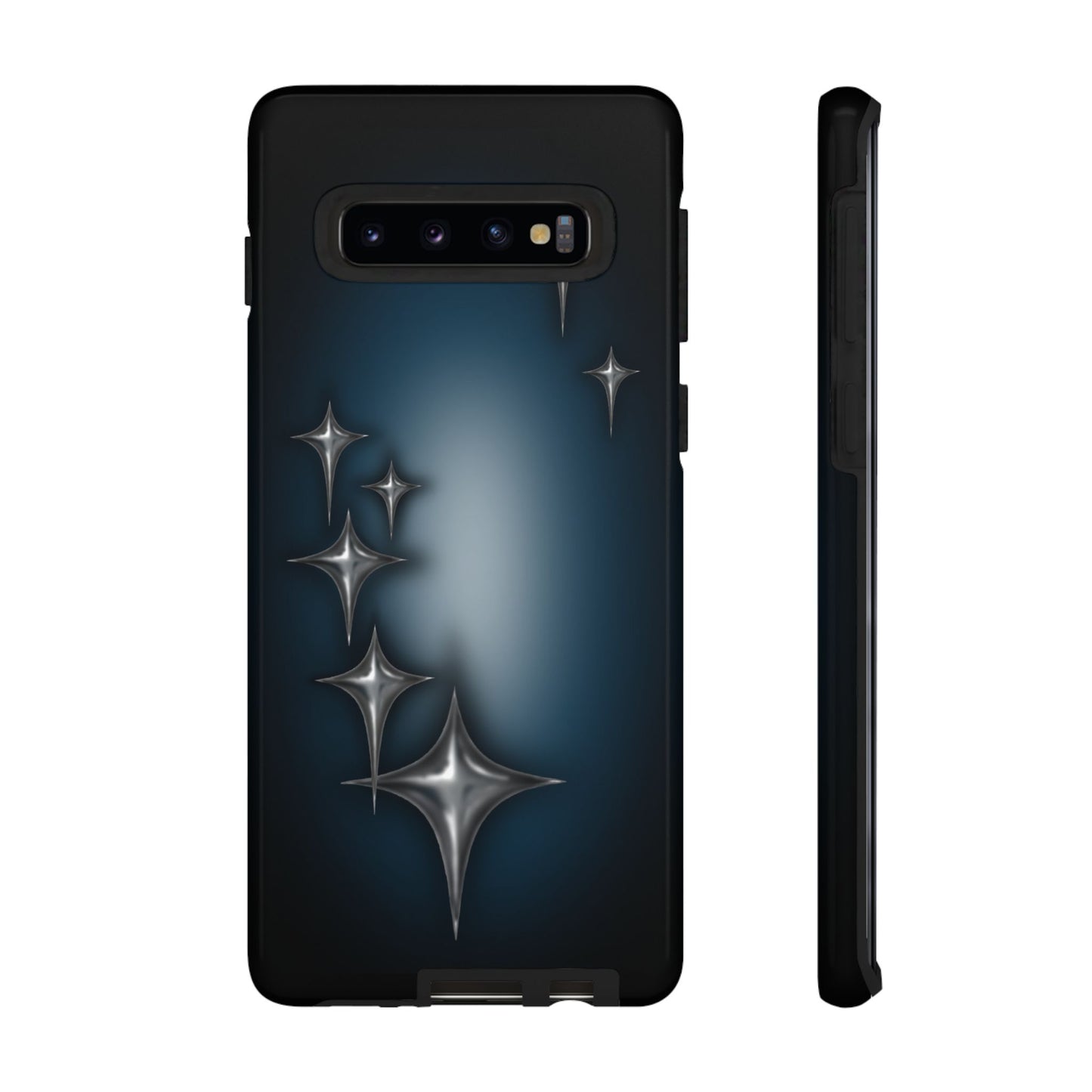 Star girl Samsung galaxy S10 blue, teal, black phone case with chrome stars design making a gothic, emo, edgy, unique phone case front view