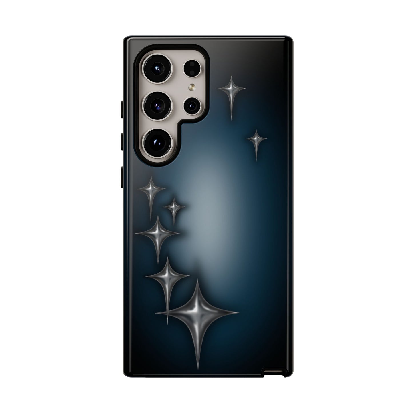 Star girl blue Samsung S24 ultra, teal, black phone case with chrome stars design making a gothic, emo, edgy, unique phone case front view