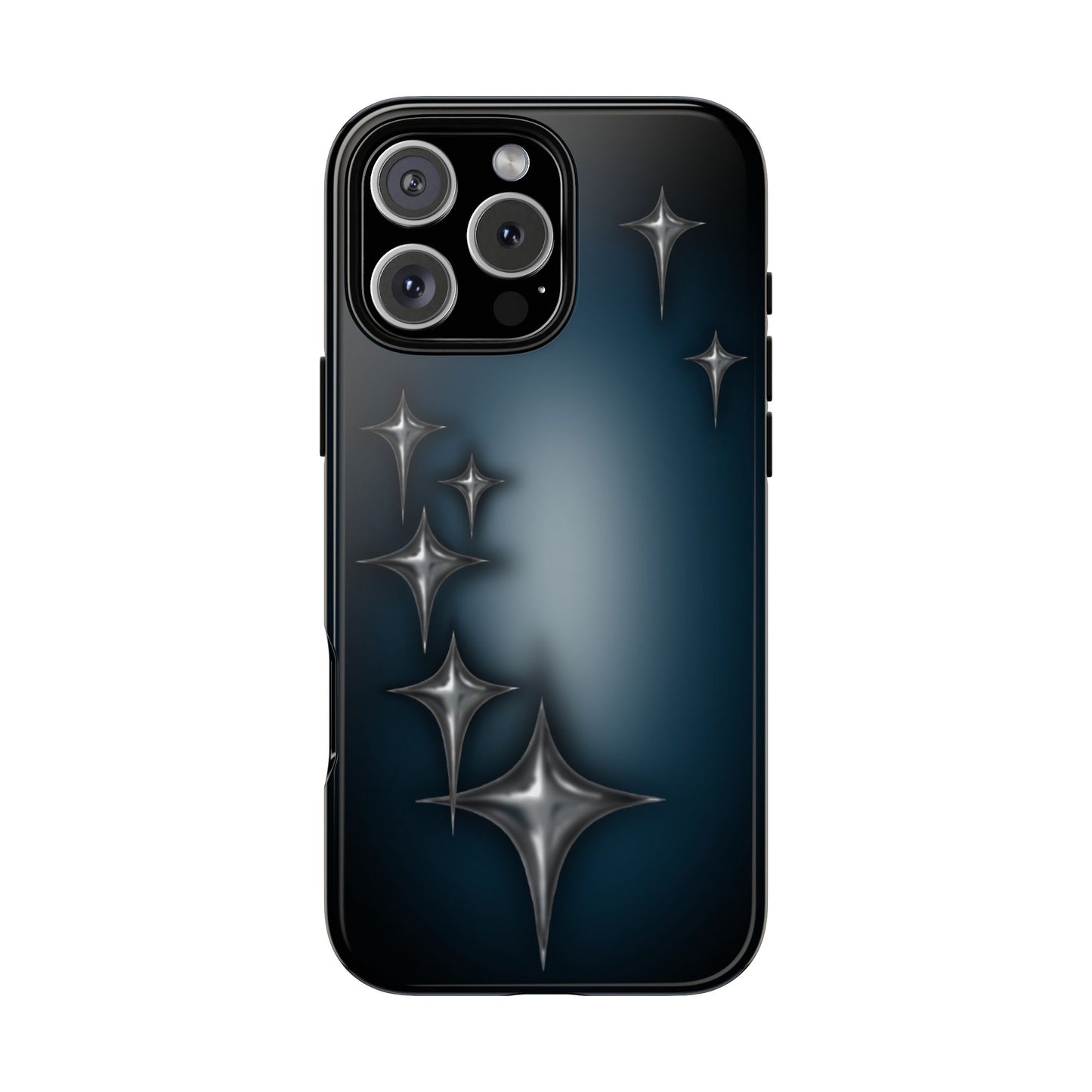 Star girl blue, teal, black phone case with chrome stars design making a gothic, emo, edgy, unique phone case iPhone 16 front view