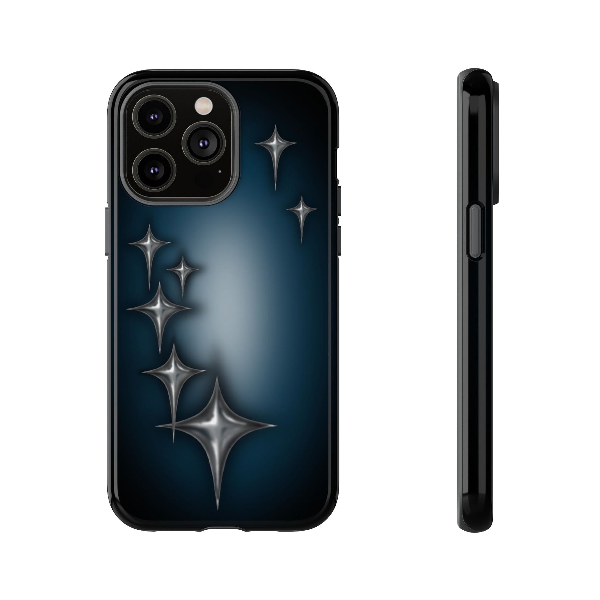 Star girl iPhone 14 Pro Max phone case blue, teal, black phone case with chrome stars design making a gothic, emo, edgy, unique phone case front view