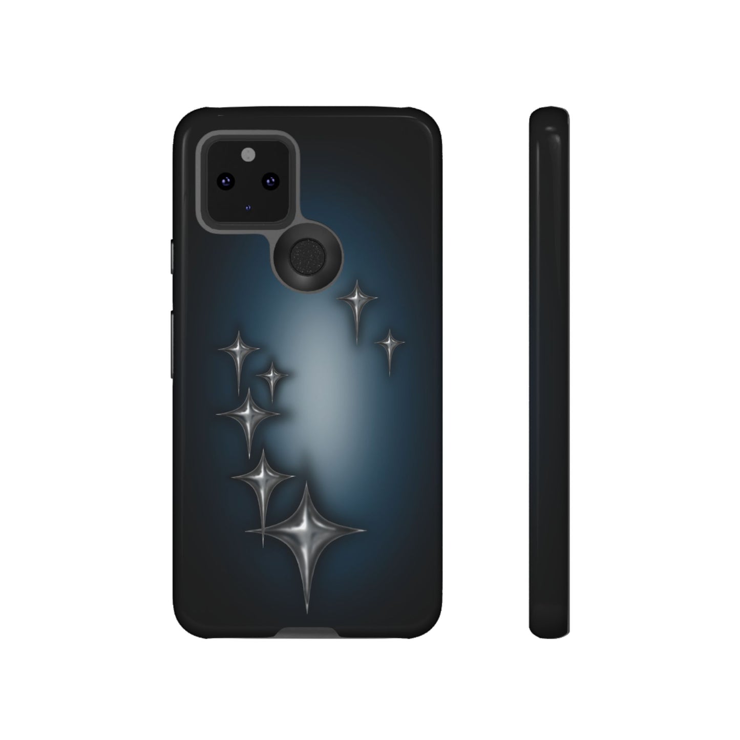 Star girl Samsung galaxy s21 ultra phone case blue, teal, black phone case with chrome stars design making a gothic, emo, edgy, unique phone case front view