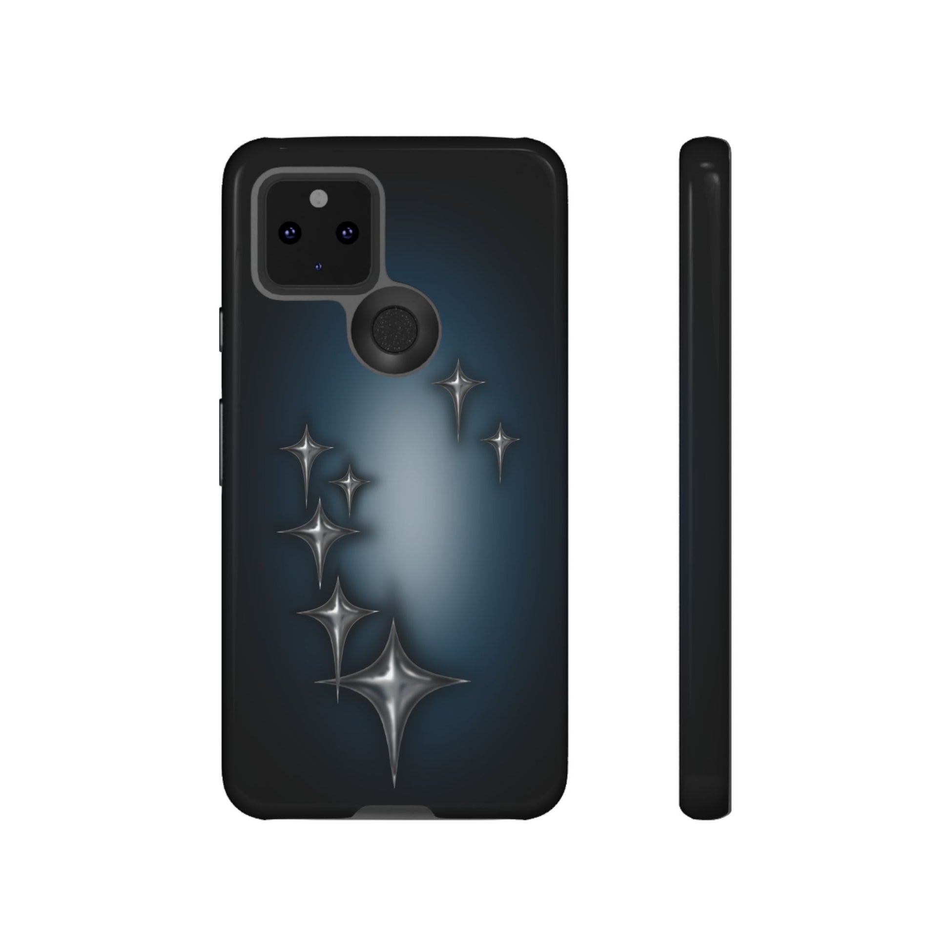 Star girl Samsung galaxy s21 ultra phone case blue, teal, black phone case with chrome stars design making a gothic, emo, edgy, unique phone case front view