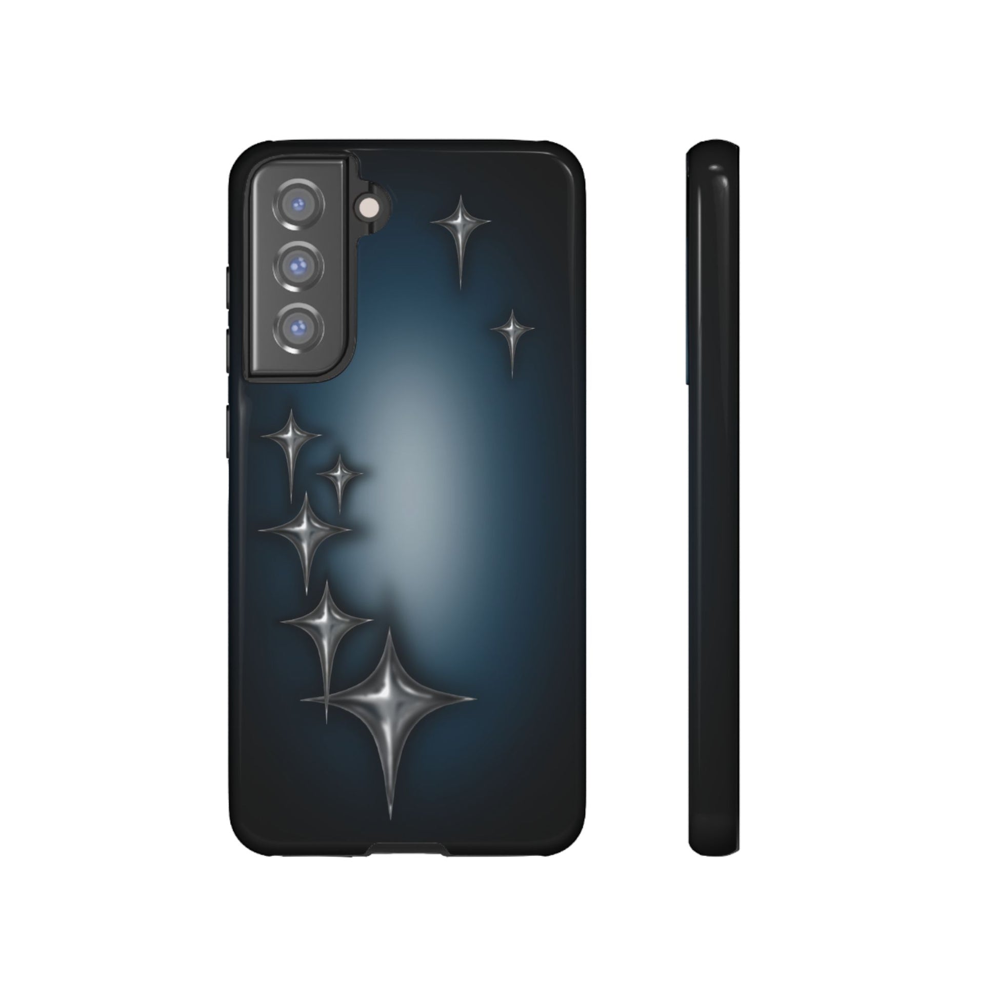 Star girl  phone case blue, teal, black phone case with chrome stars design making a gothic, emo, edgy, unique phone case front view