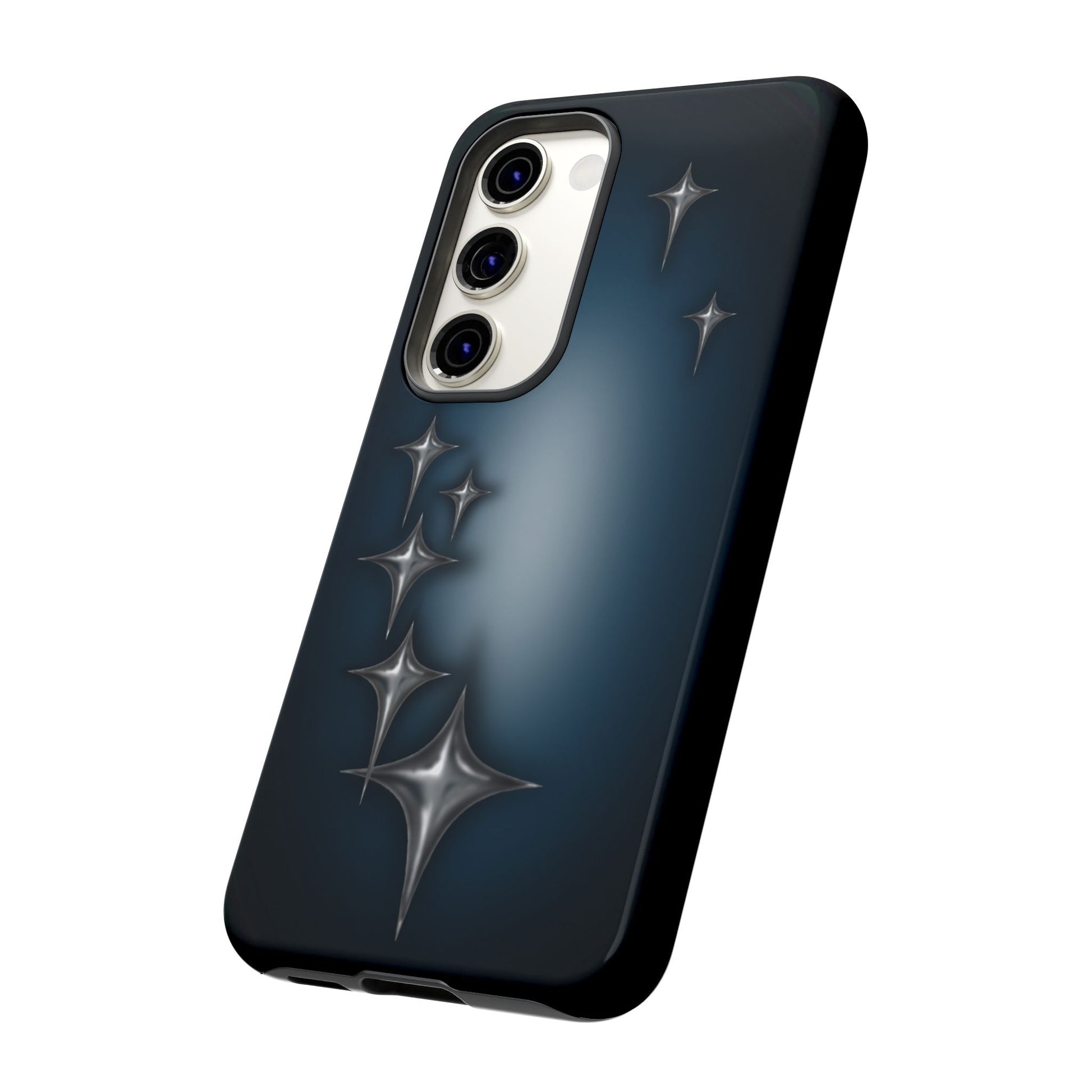 Star girl Samsung galaxy S23 phone case blue, teal, black phone case with chrome stars design making a gothic, emo, edgy, unique phone case side view