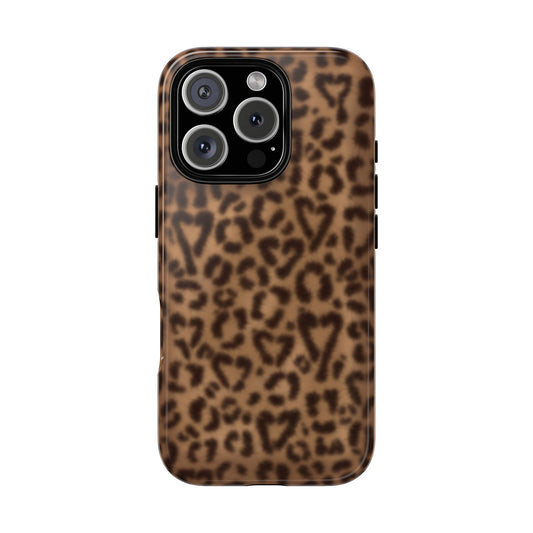 Phone case with brown animal print. Leopard cheetah print forming hearts, for the cutest, classic, protective case. Fits iPhone, Samsung and Google Pixel front view