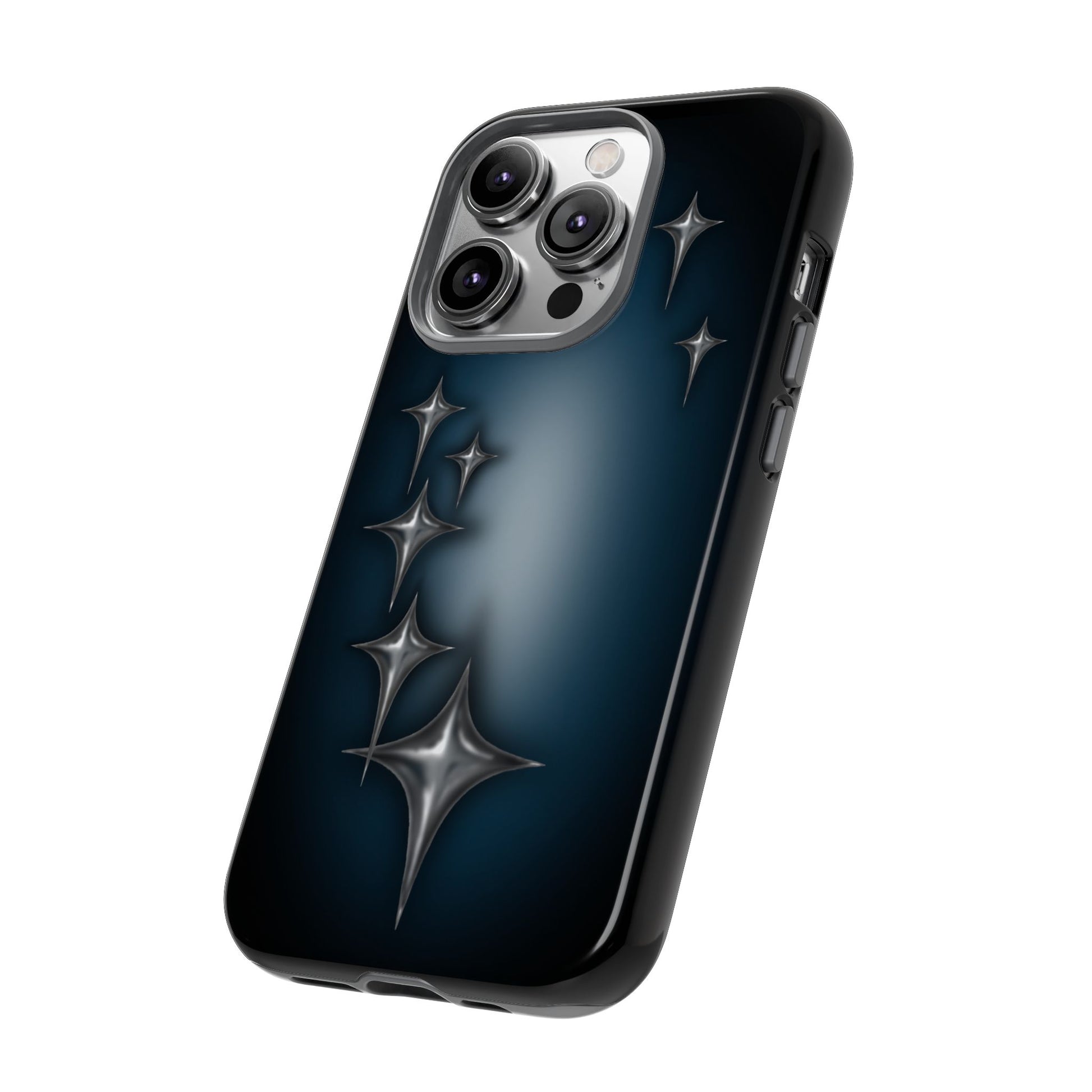Star girl iPhone 14 Pro phone case blue, teal, black phone case with chrome stars design making a gothic, emo, edgy, unique phone case side view