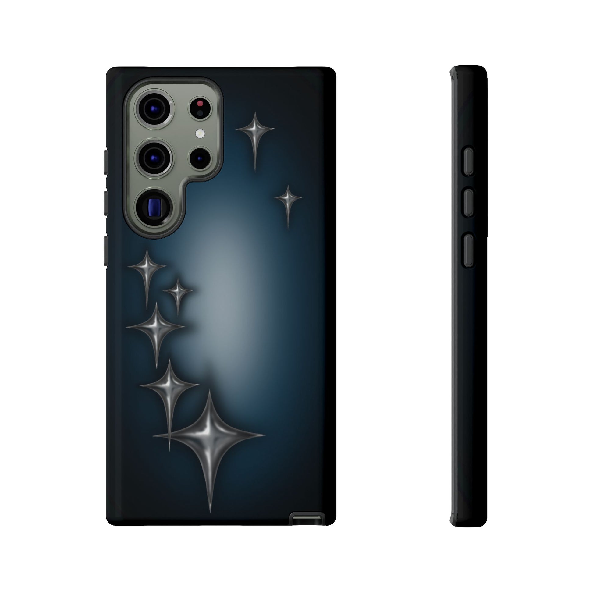 Star girl Samsung galaxy S23 ultra phone case blue, teal, black phone case with chrome stars design making a gothic, emo, edgy, unique phone case front view